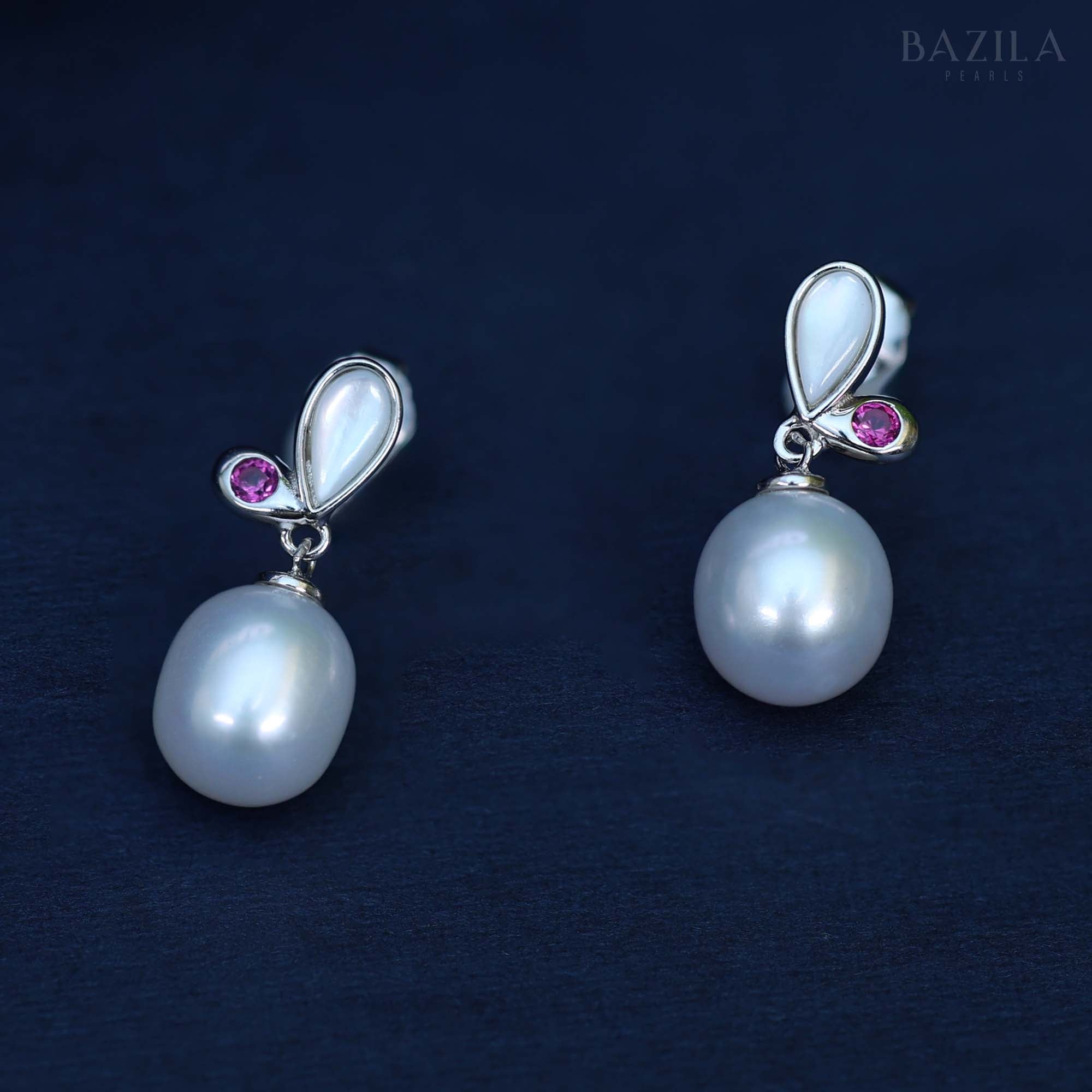 Elegant White Pearl Drop Earrings with Mother of Pearl & Pink Stone Accent