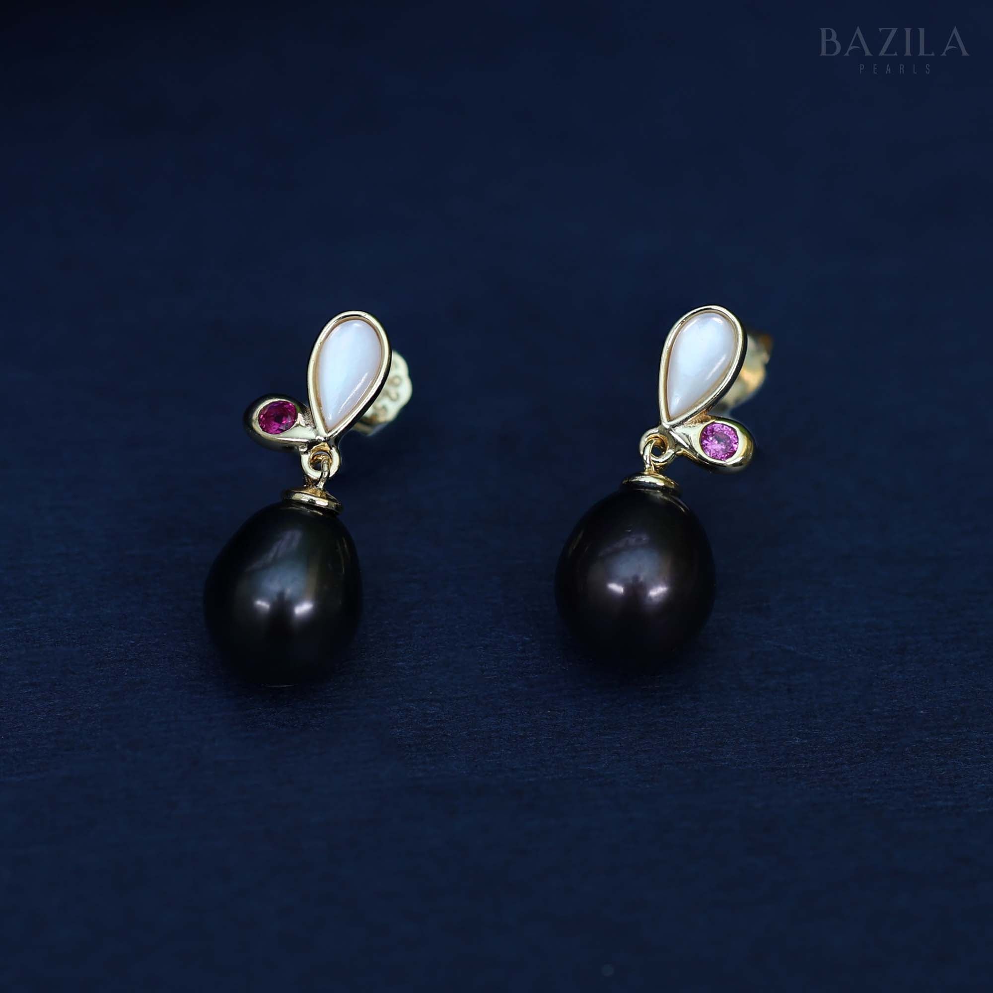 Elegant Black Freshwater Pearl Drop Earrings with Mother-of-Pearl & Pink Stone Accent