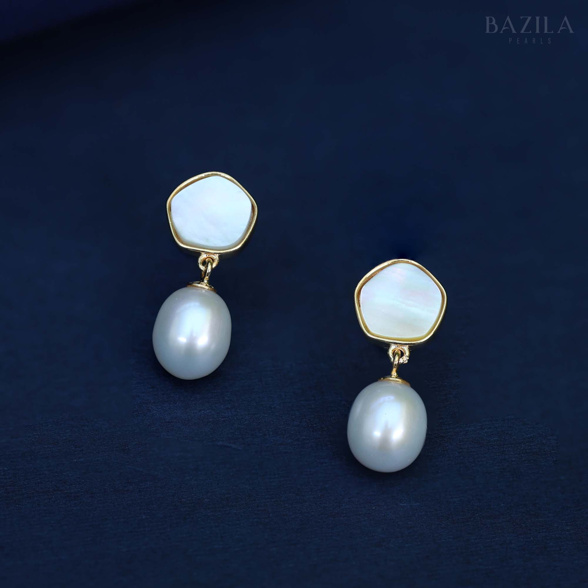 Minimal Gold-Plated Freshwater Pearl Drop Earrings with Mother-of-Pearl Top
