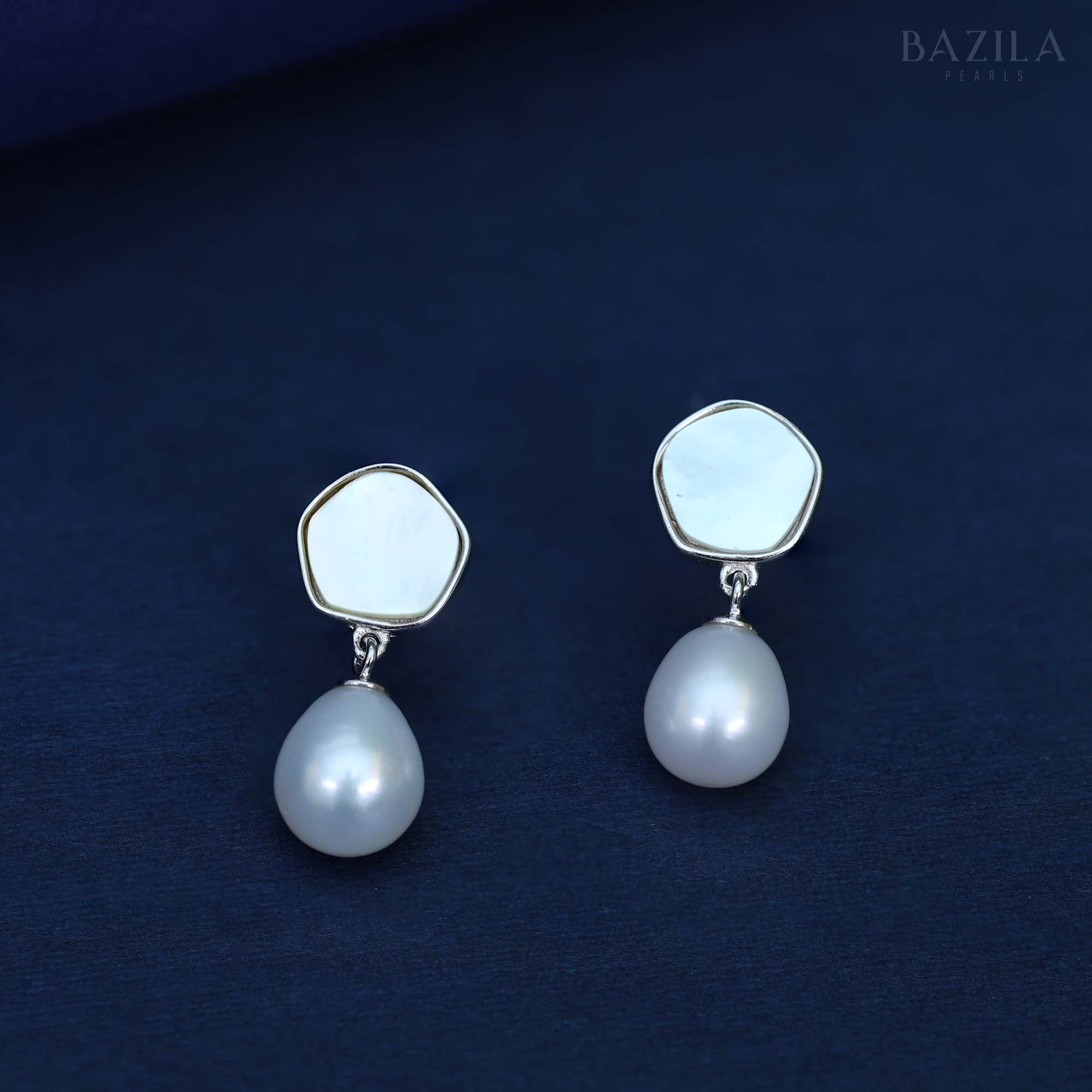 Elegant Silver-Plated Freshwater Pearl Drop Earrings with Mother-of-Pearl Stud