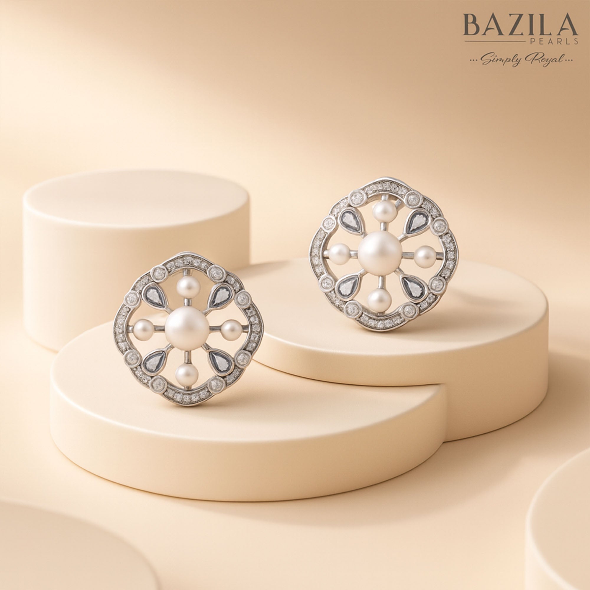 Elegant Pearl Halo Stud Earrings with Crystal Droplet Detailing