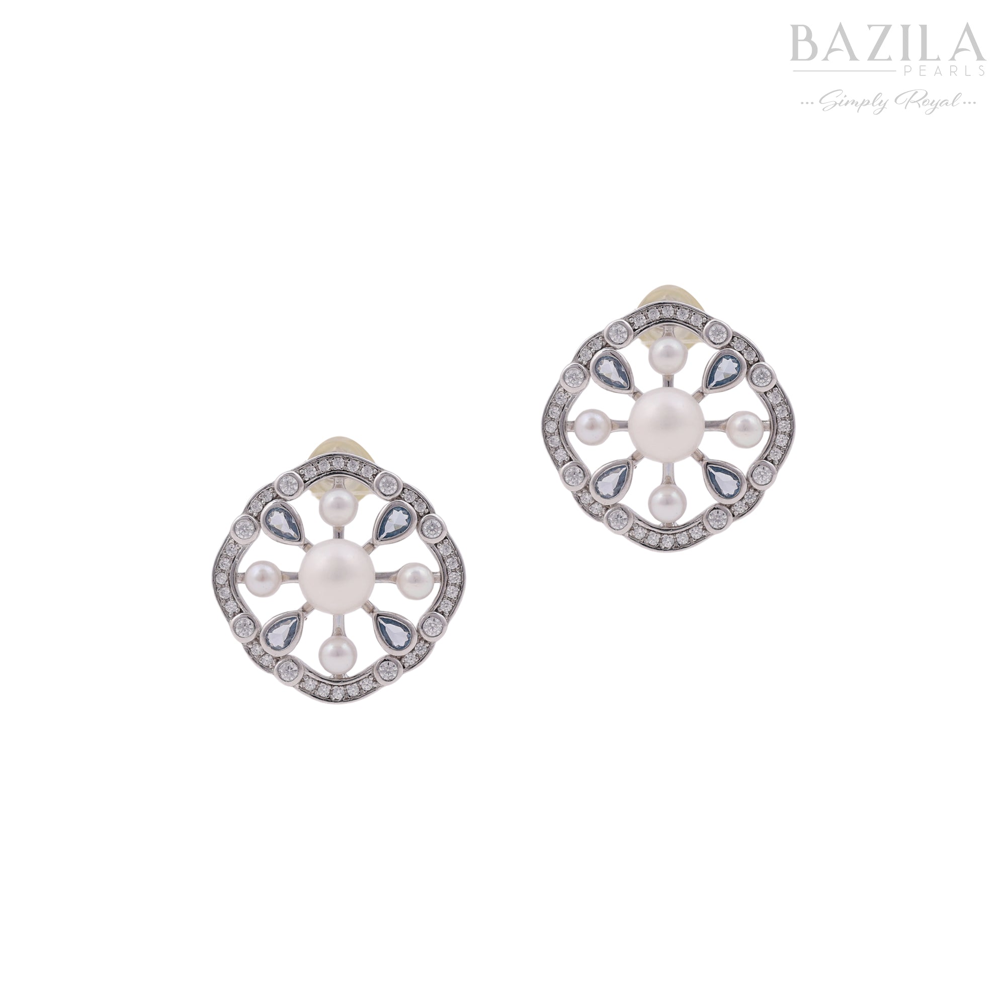 Elegant Pearl Halo Stud Earrings with Crystal Droplet Detailing