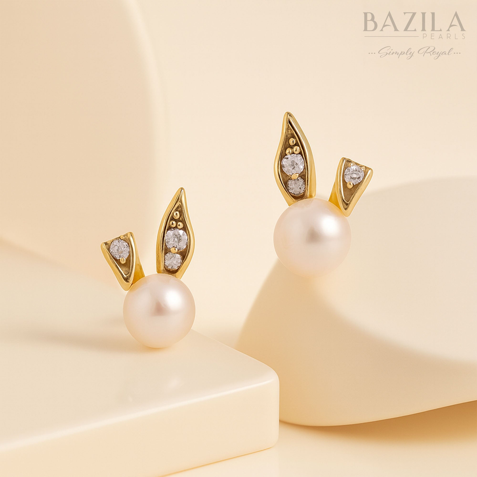 Designer Pearl & CZ Bunny Motif Gold Stud Earrings