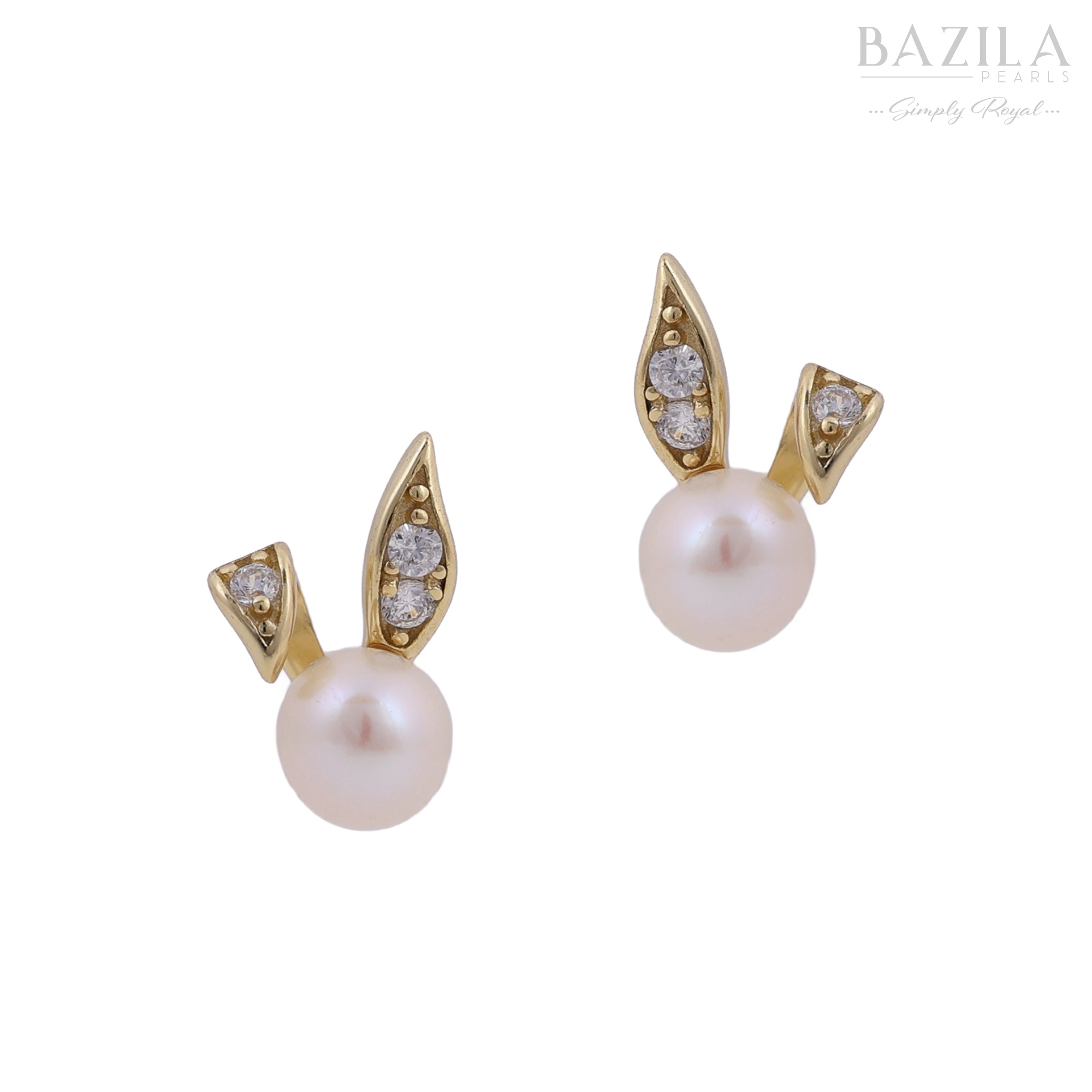 Designer Pearl & CZ Bunny Motif Gold Stud Earrings