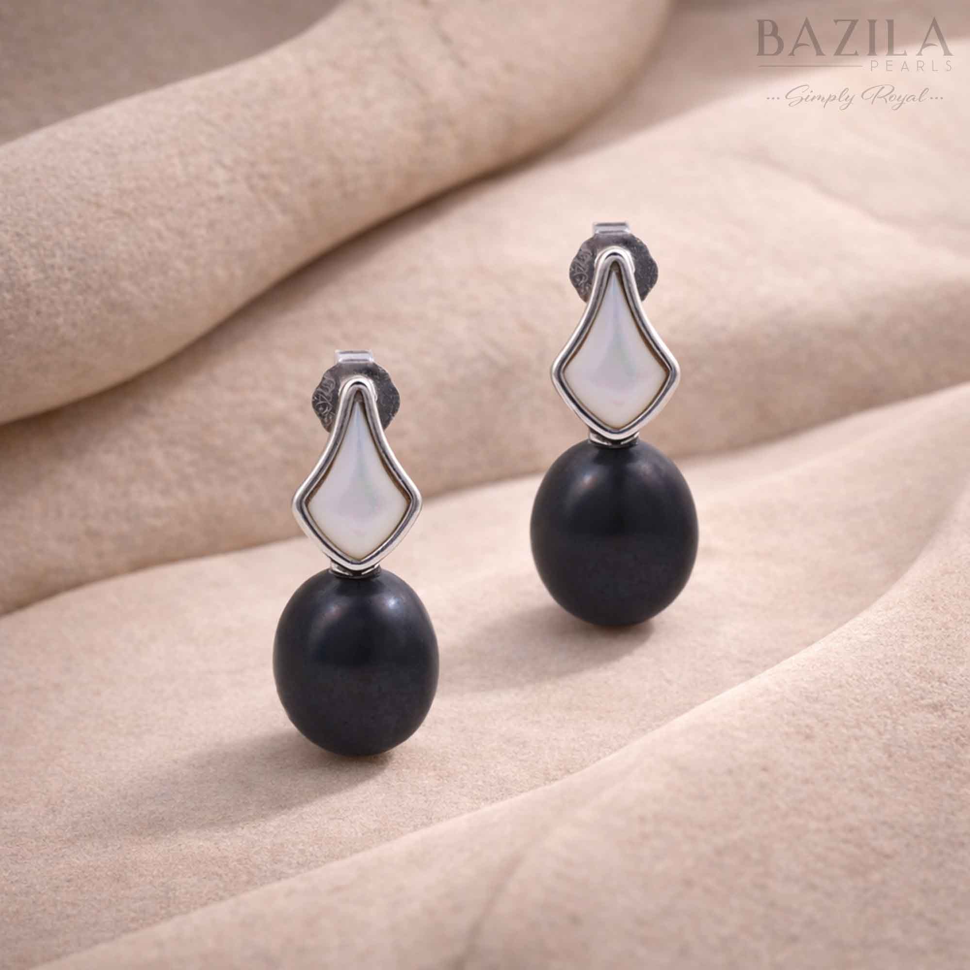 Black Fresh Pearl Drop Earrings – Silver Finish