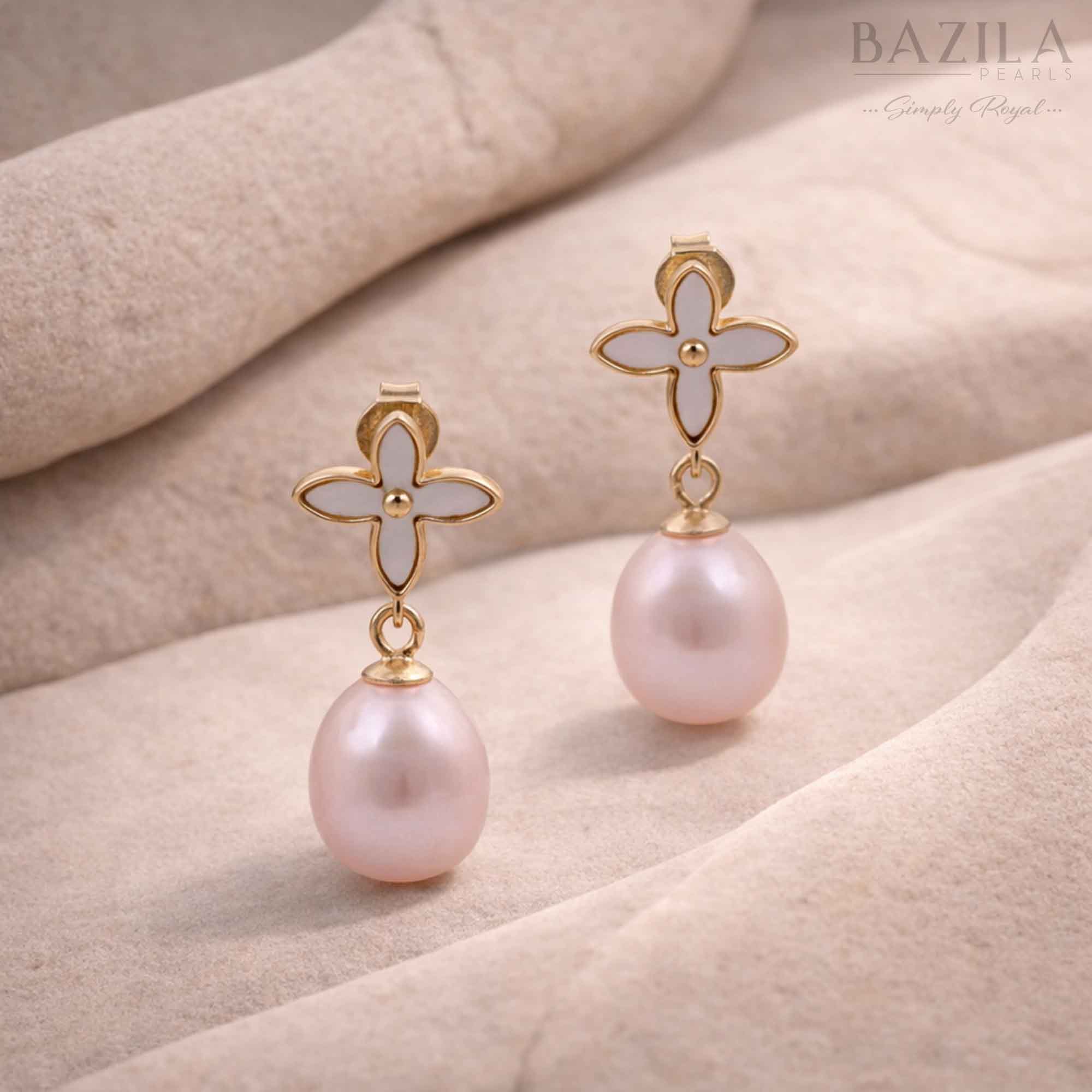 Pink Fresh Pearl Drop Earrings – Gold Finish