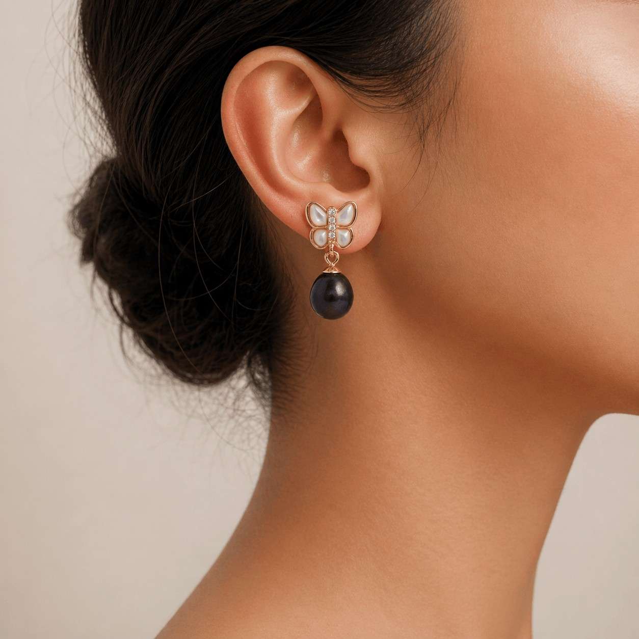 Black Fresh Pearl Drop Earrings – Gold Butterfly Design