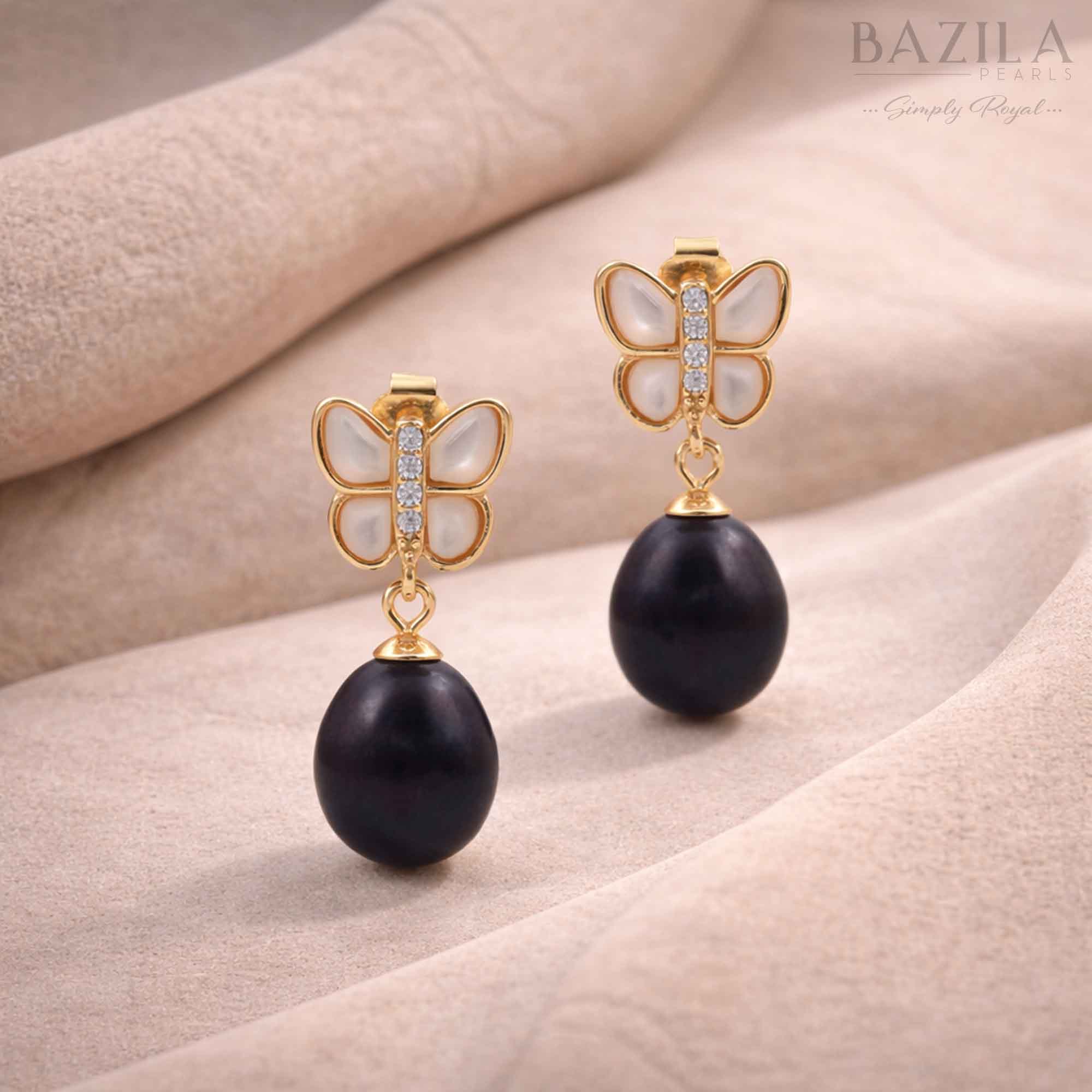 Black Fresh Pearl Drop Earrings – Gold Butterfly Design