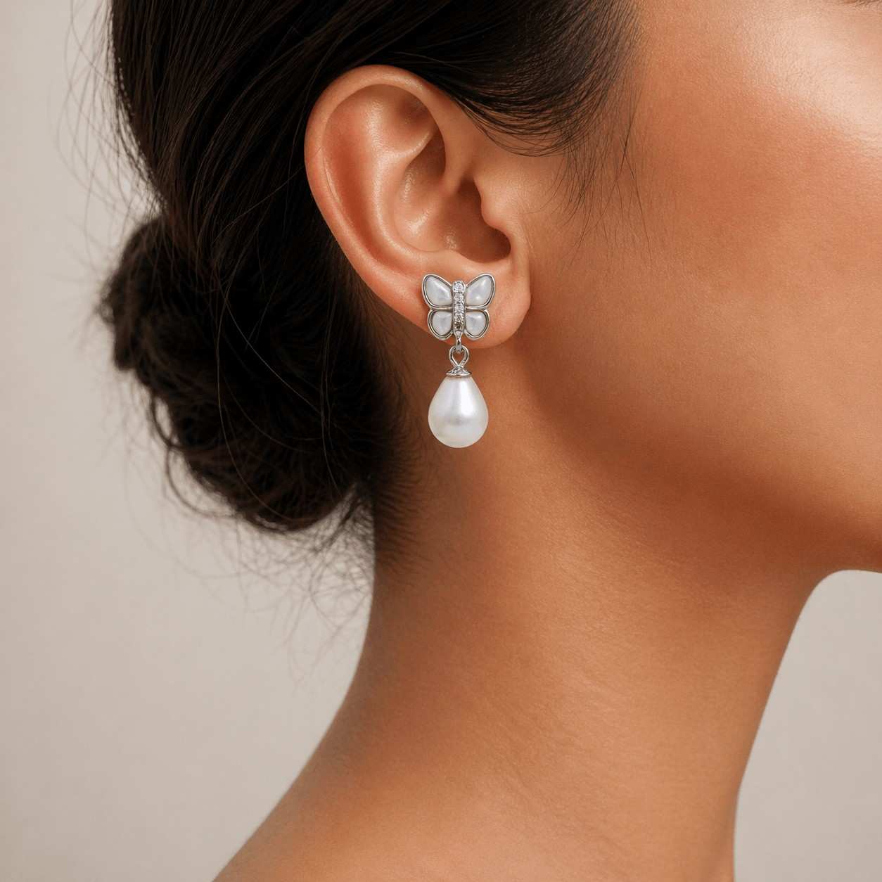 White Fresh Pearl Drop Earrings – Silver Butterfly Design