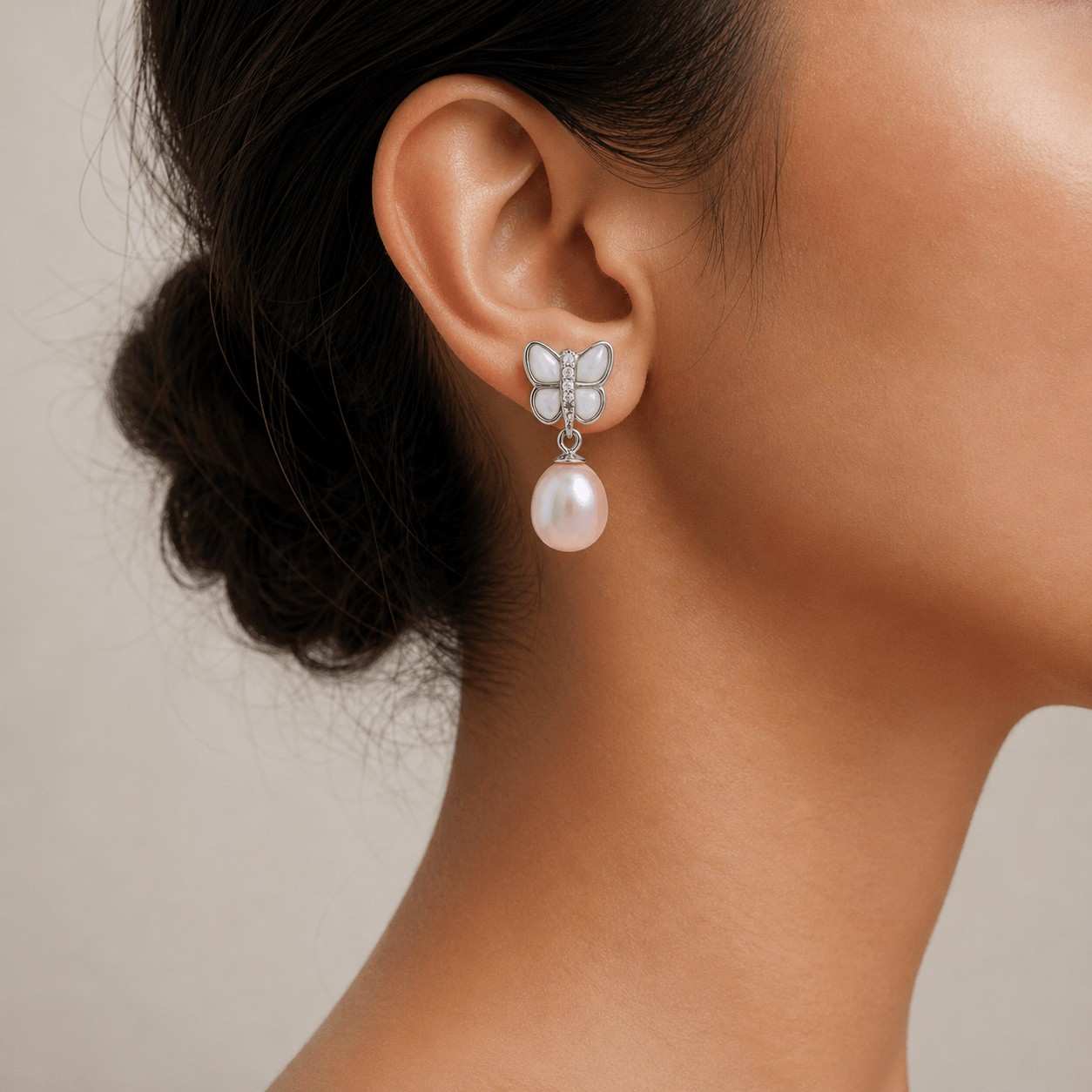 Pink Fresh Pearl Drop Earrings – Silver Butterfly Design