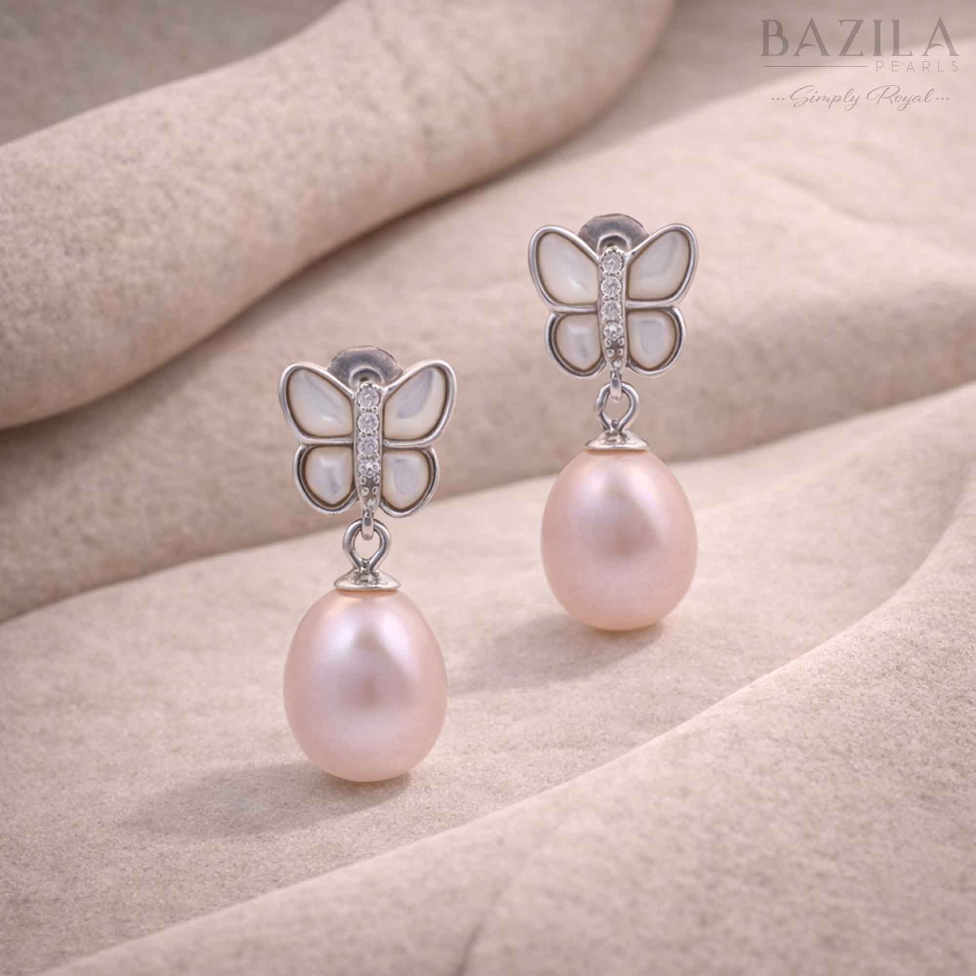 Pink Fresh Pearl Drop Earrings – Silver Butterfly Design