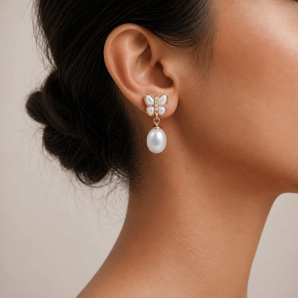White Fresh Pearl Drop Earrings – Gold Butterfly Design