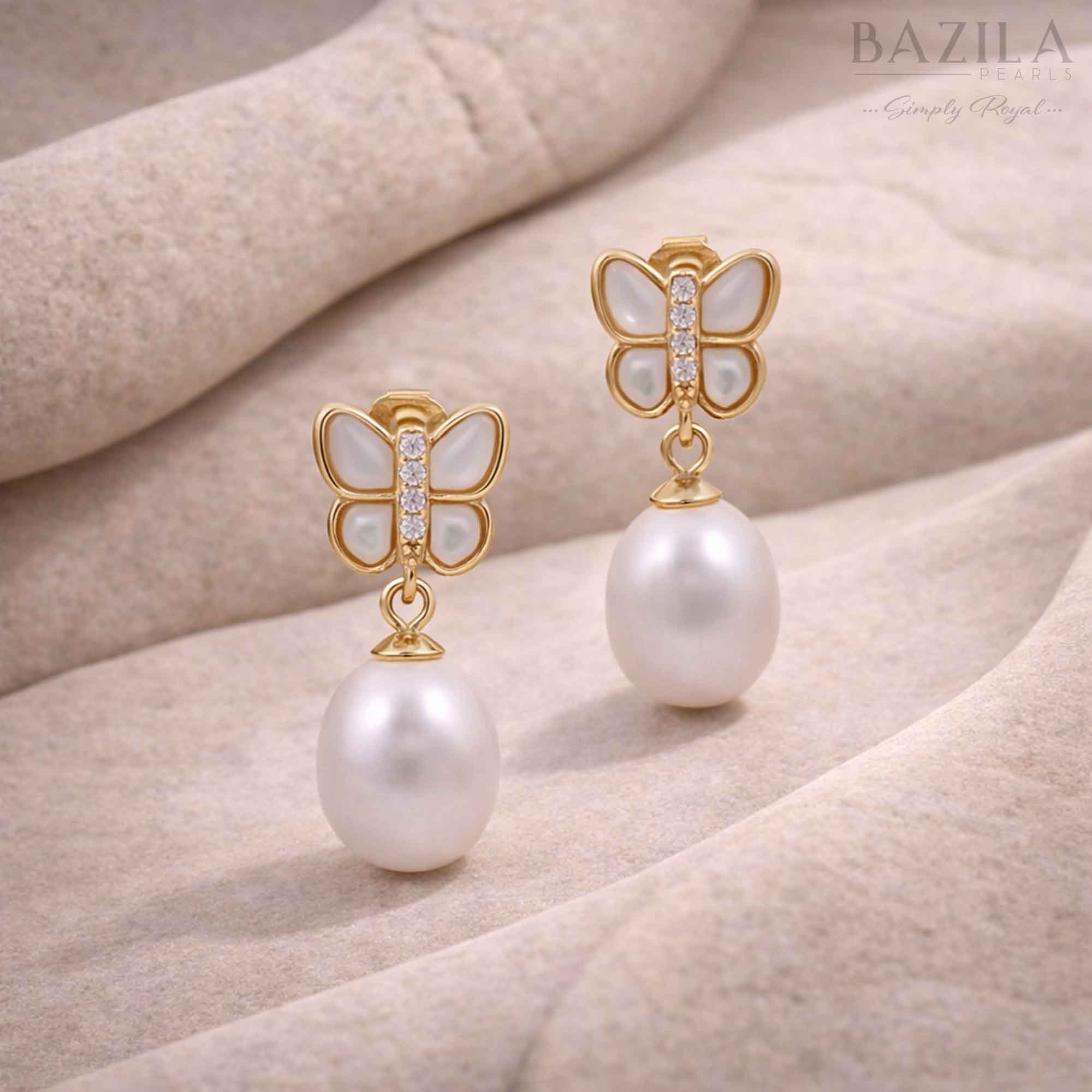 White Fresh Pearl Drop Earrings – Gold Butterfly Design