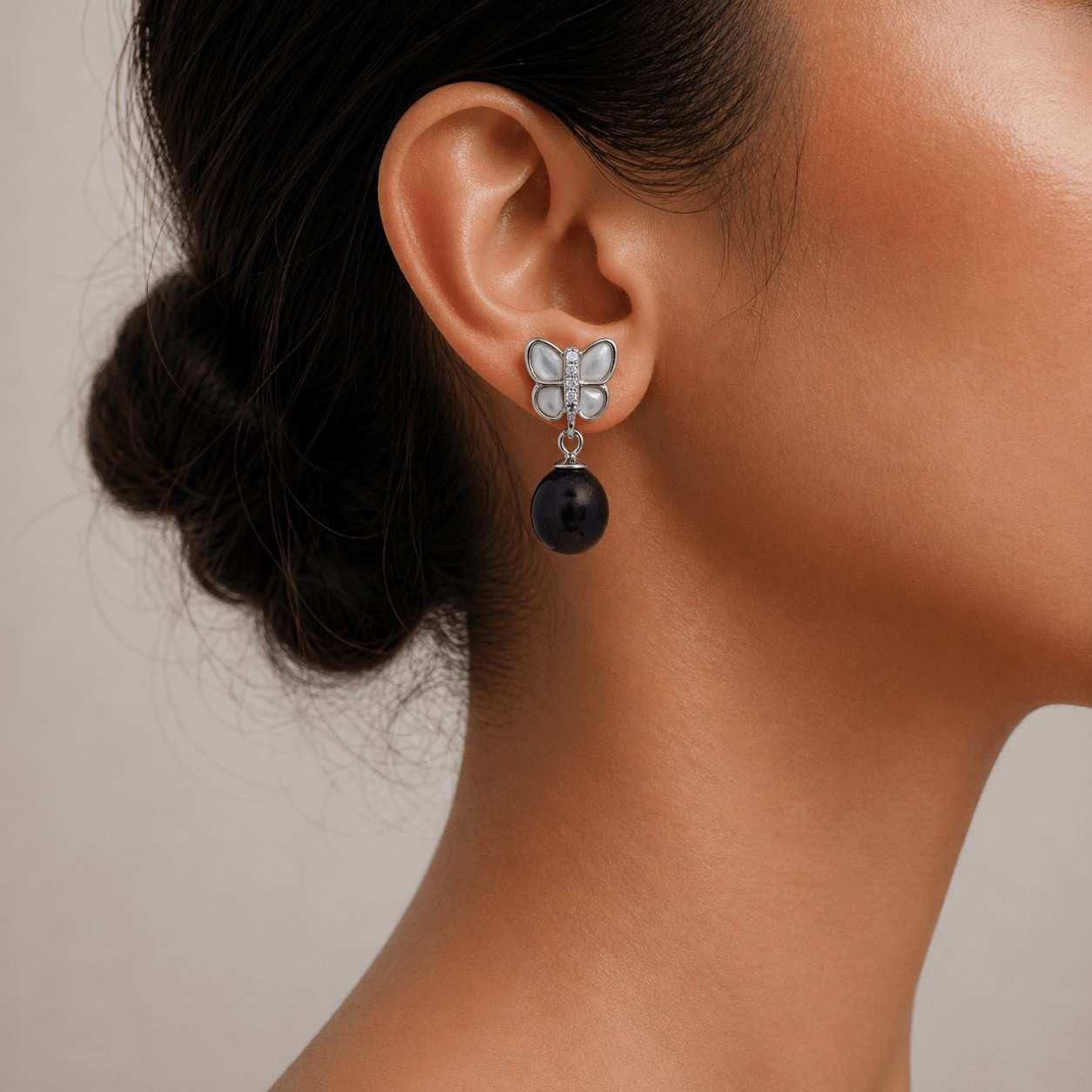 Black Fresh Pearl Drop Earrings – Silver Butterfly Design
