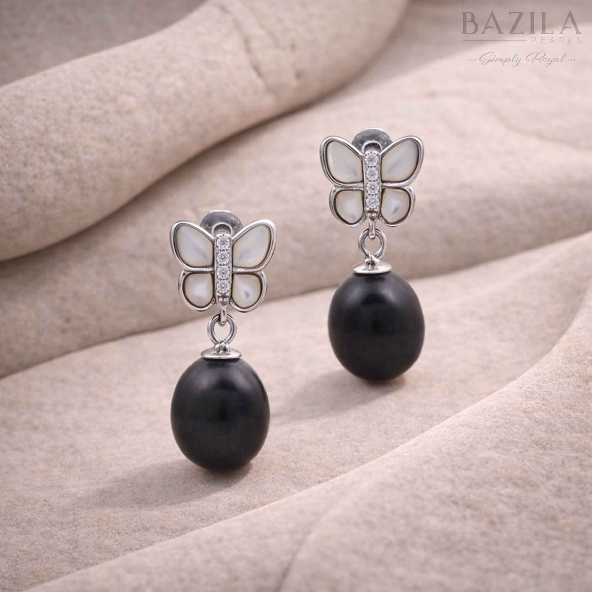 Black Fresh Pearl Drop Earrings – Silver Butterfly Design