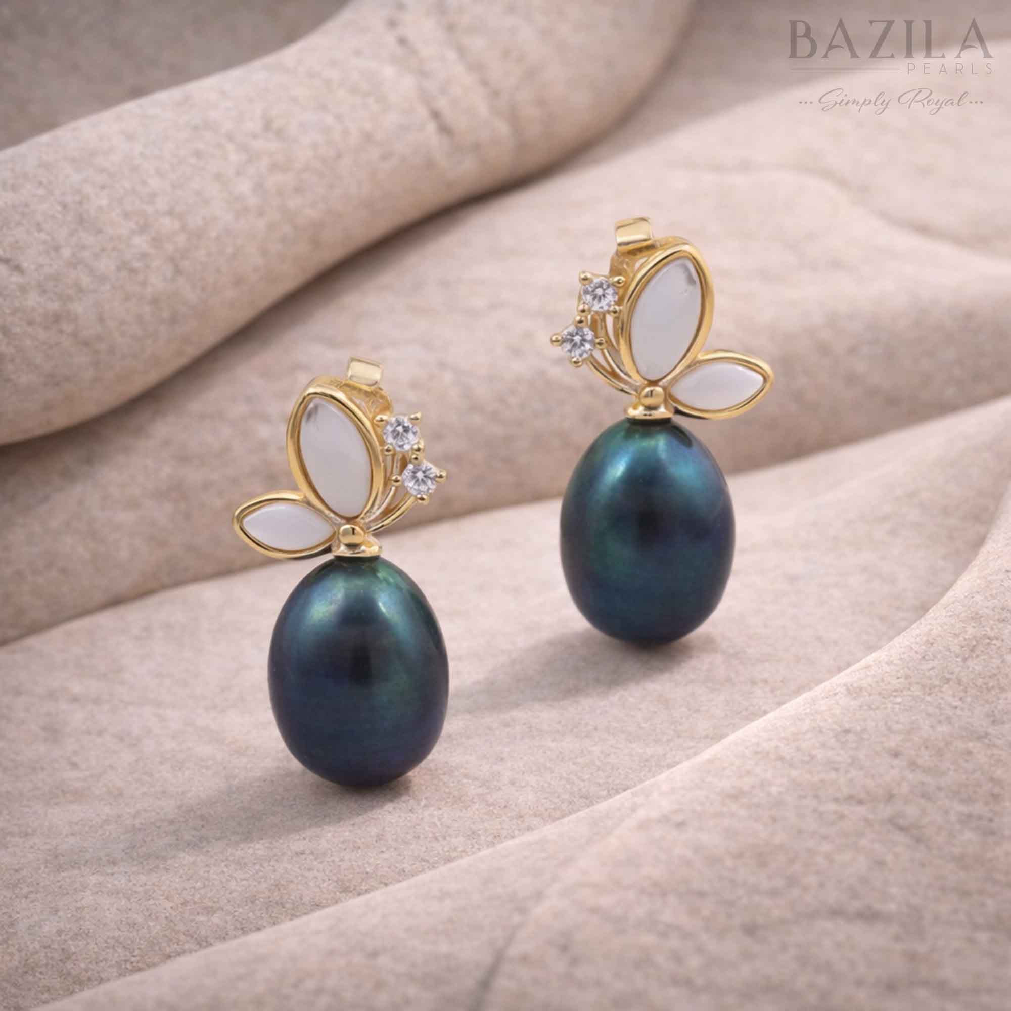 Black Fresh Pearl Drop Earrings – Gold Floral Design