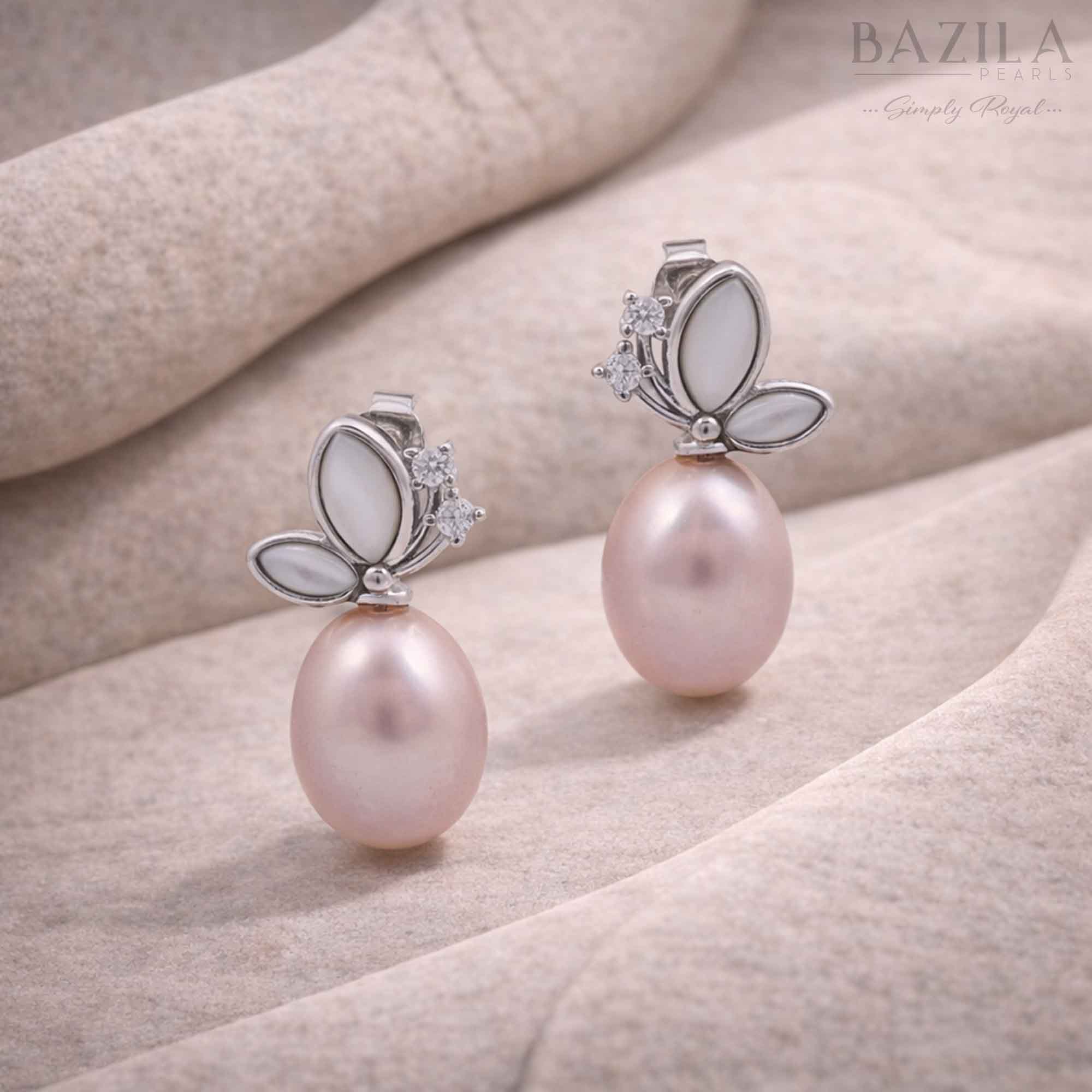 Pink Fresh Pearl Drop Earrings – Silver Floral Design