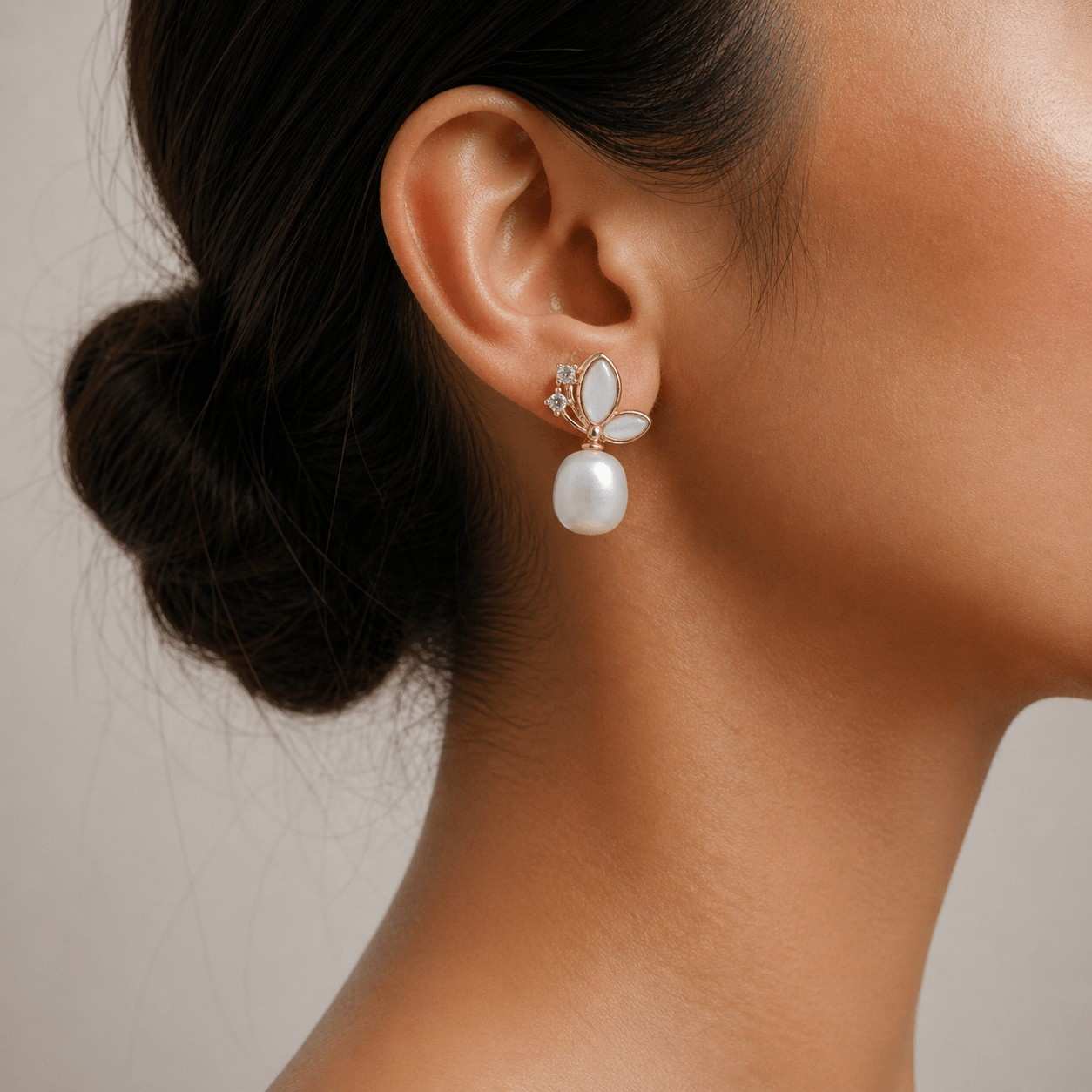 White Fresh Pearl Drop Earrings – Gold Floral Design