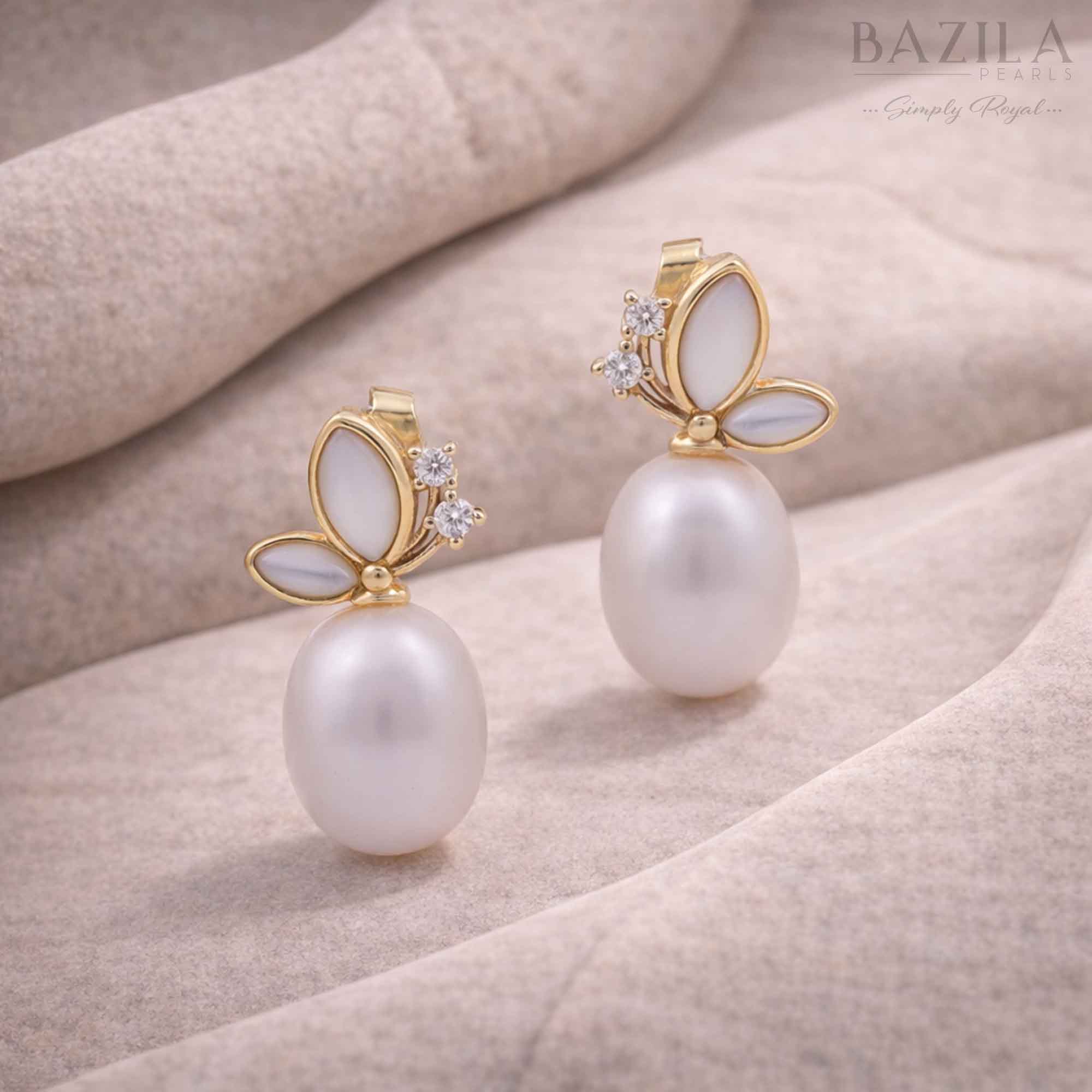 White Fresh Pearl Drop Earrings – Gold Floral Design