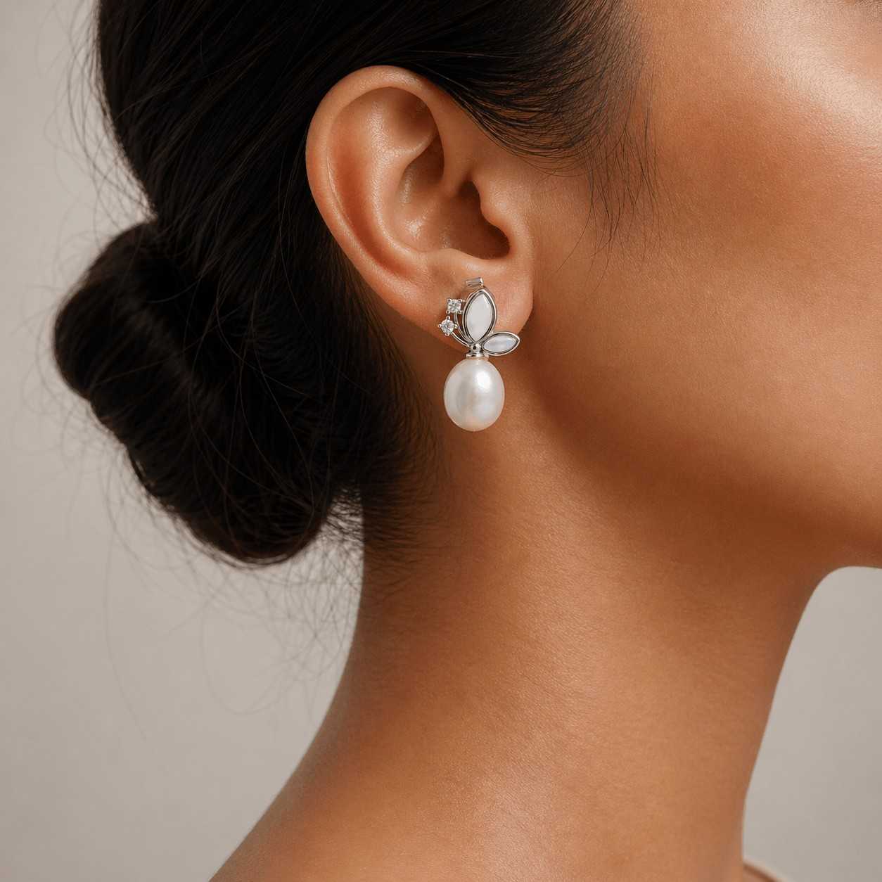 White Fresh Pearl Drop Earrings – Silver Floral Design