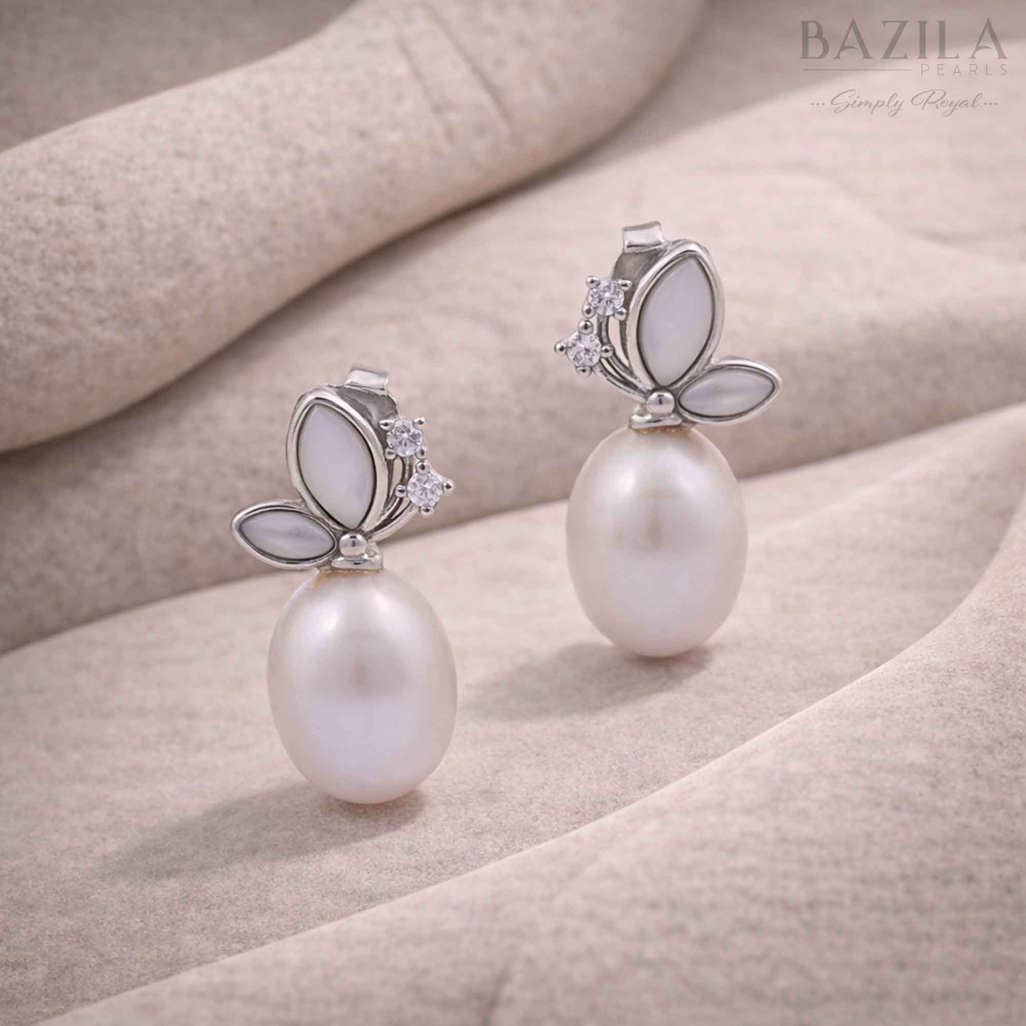 White Fresh Pearl Drop Earrings – Silver Floral Design