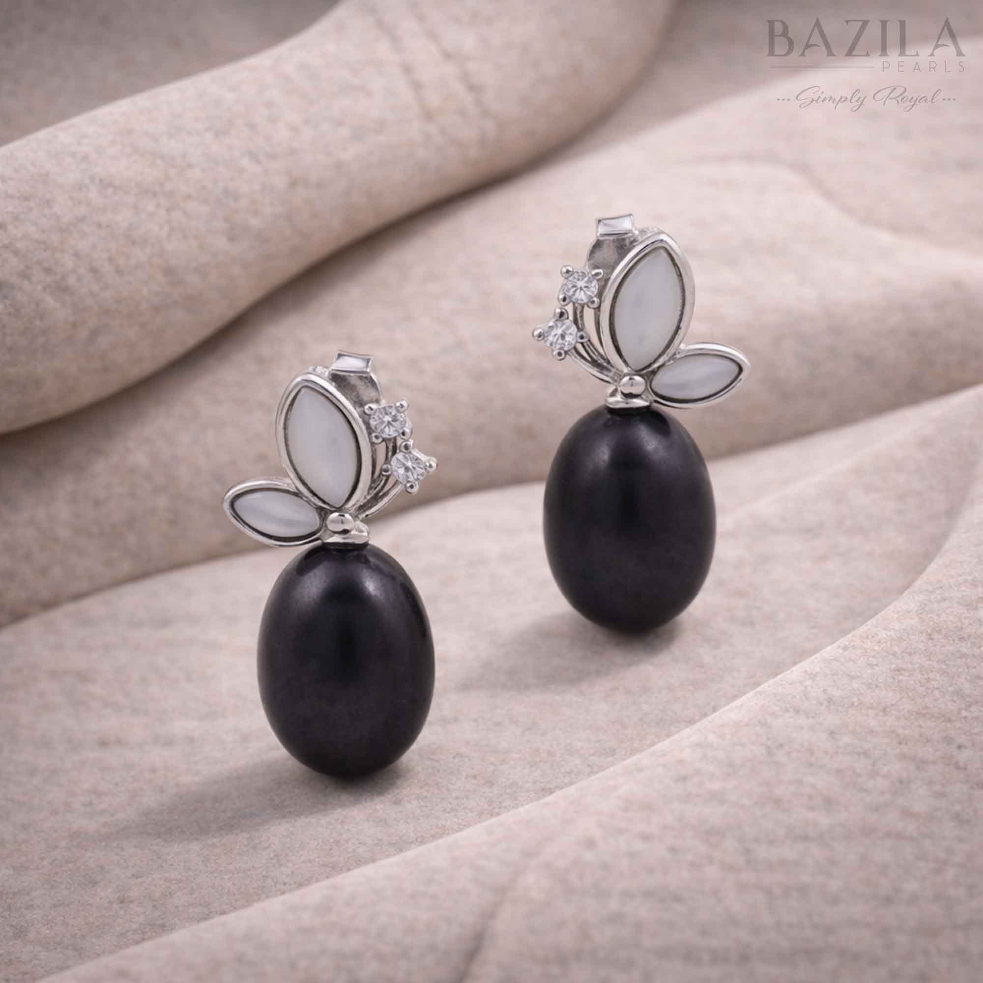 Black Fresh Pearl Drop Earrings – Silver Floral Design