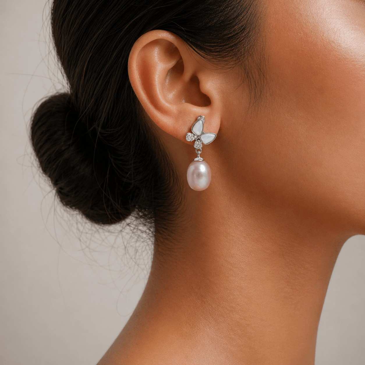Pink Fresh Pearl Butterfly Drop Earrings – Silver Finish