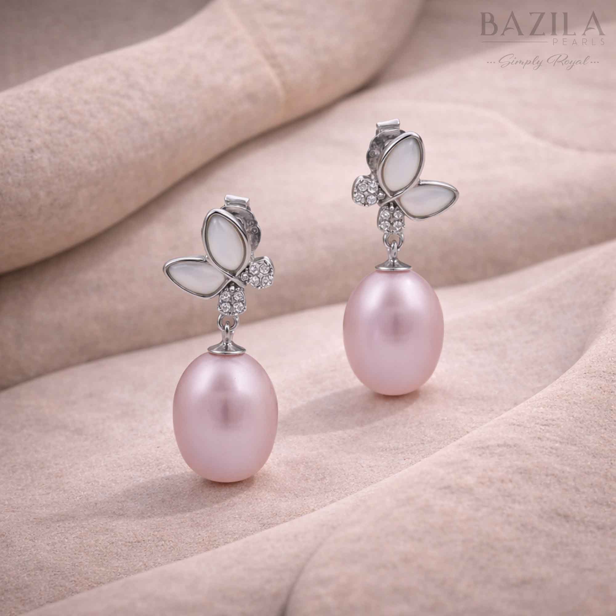 Pink Fresh Pearl Butterfly Drop Earrings – Silver Finish