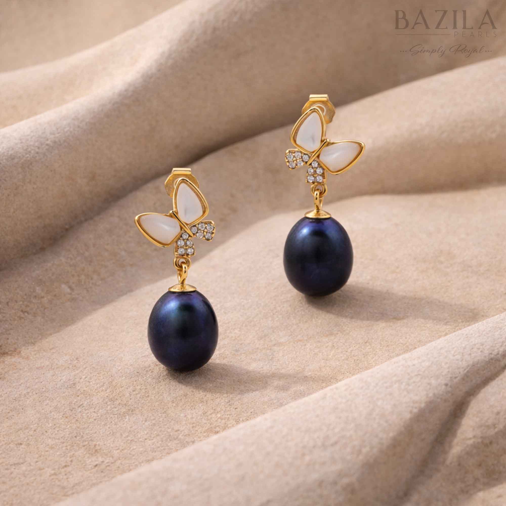 Peacock Blue Fresh Pearl Butterfly Drop Earrings – Gold Finish