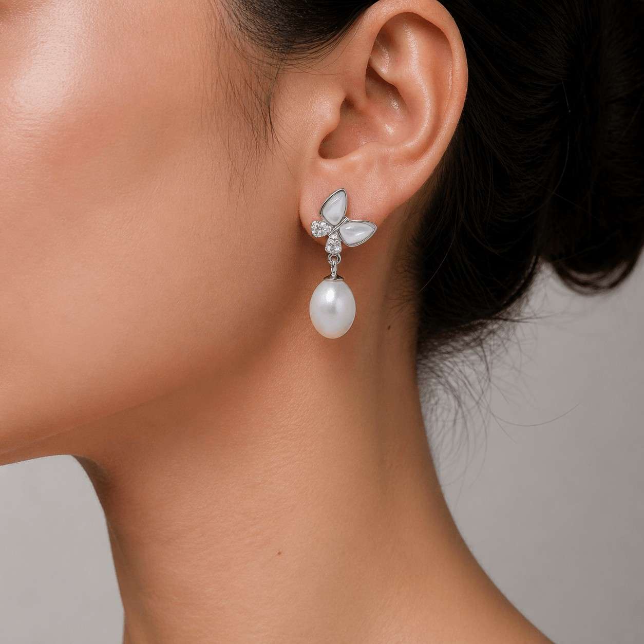 White Fresh Pearl Butterfly Drop Earrings – Silver Finish