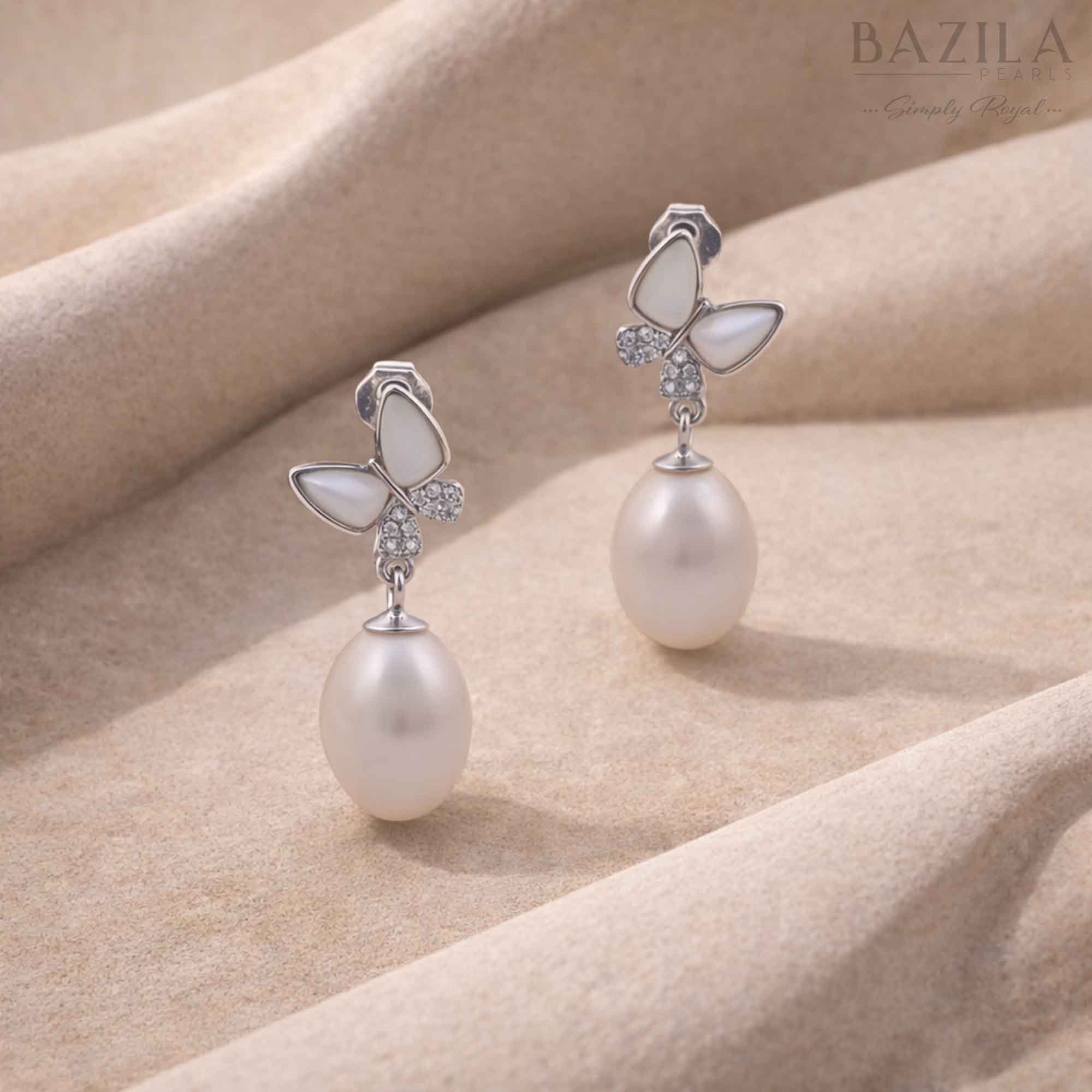 White Fresh Pearl Butterfly Drop Earrings – Silver Finish