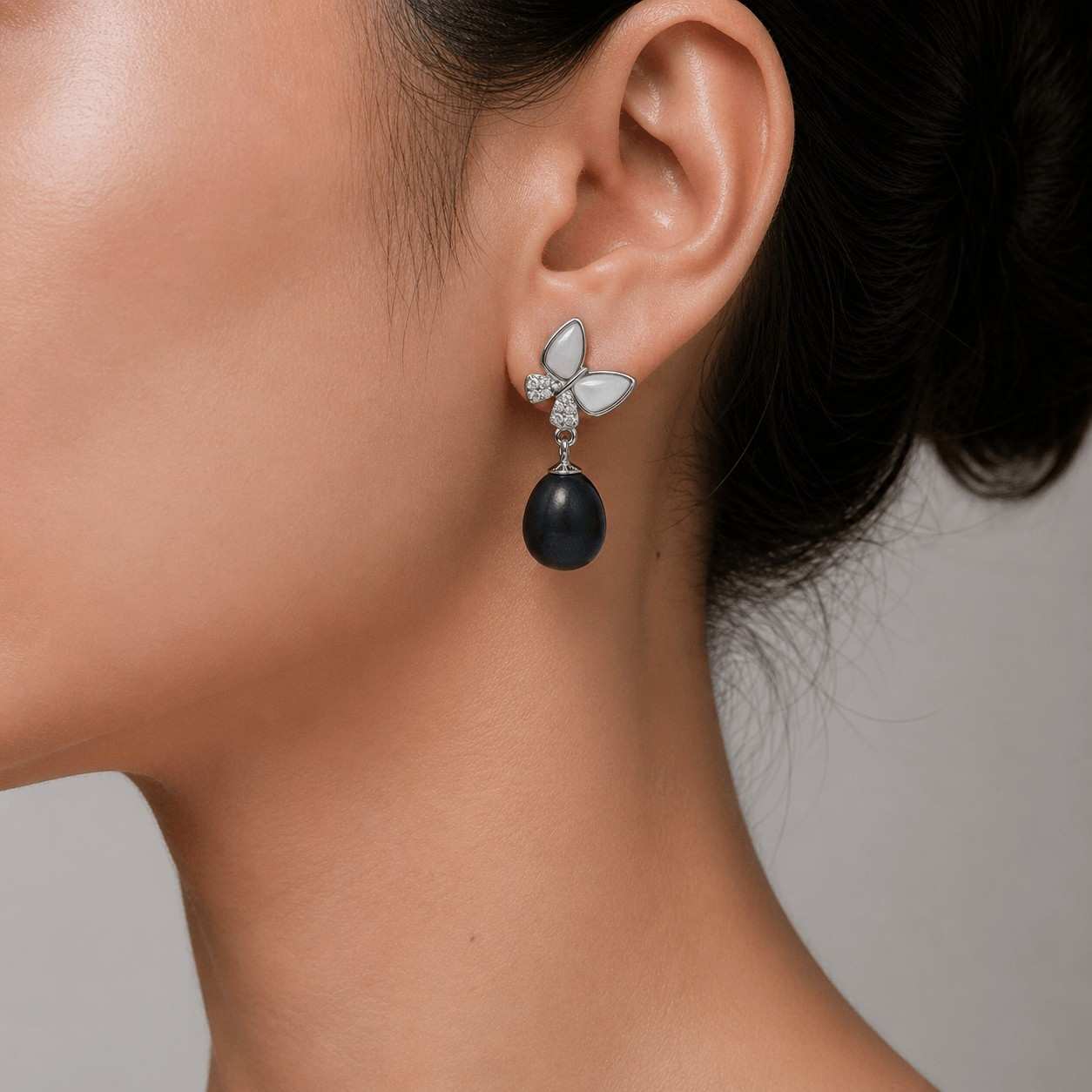 Black Fresh Pearl Butterfly Drop Earrings – Silver Finish