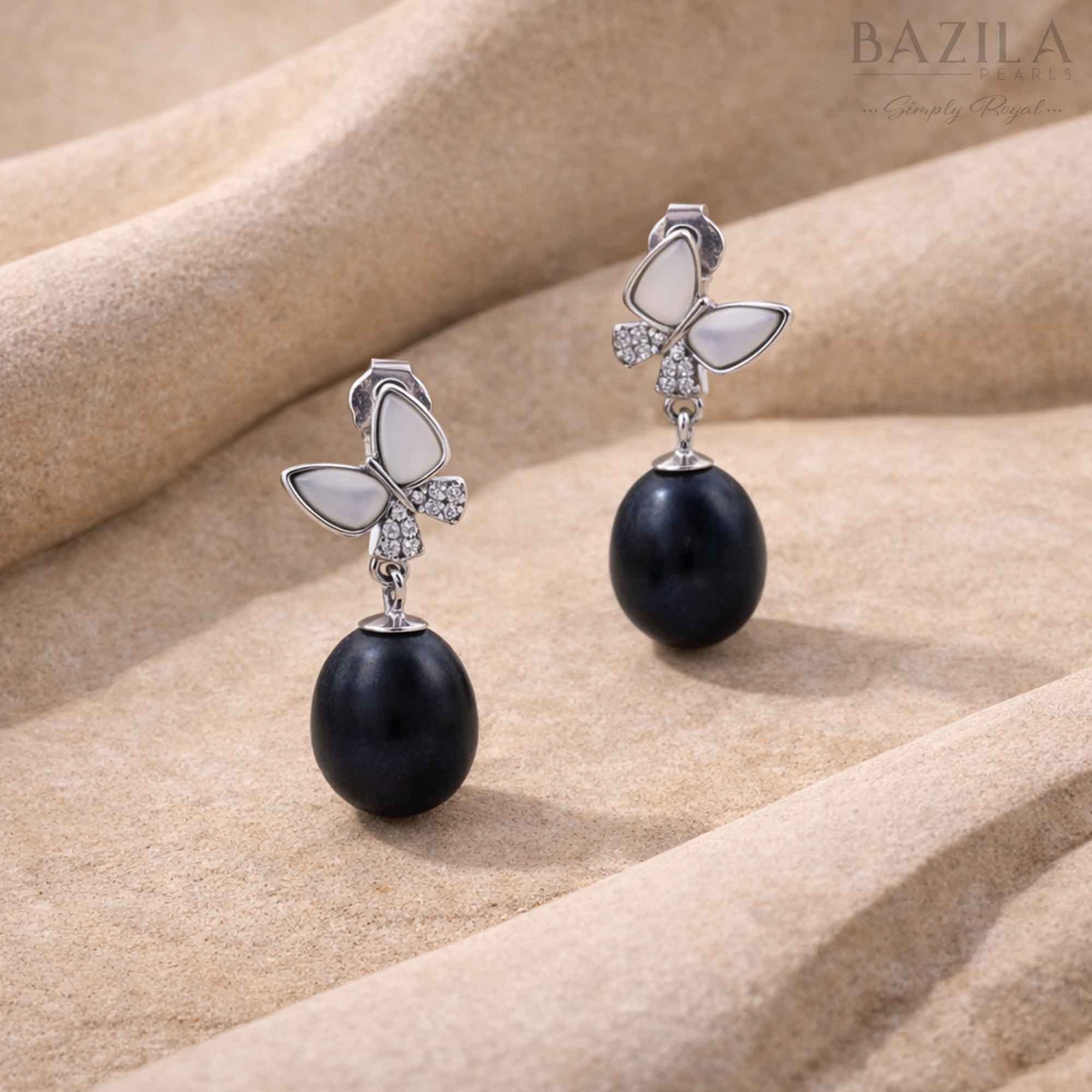Black Fresh Pearl Butterfly Drop Earrings – Silver Finish