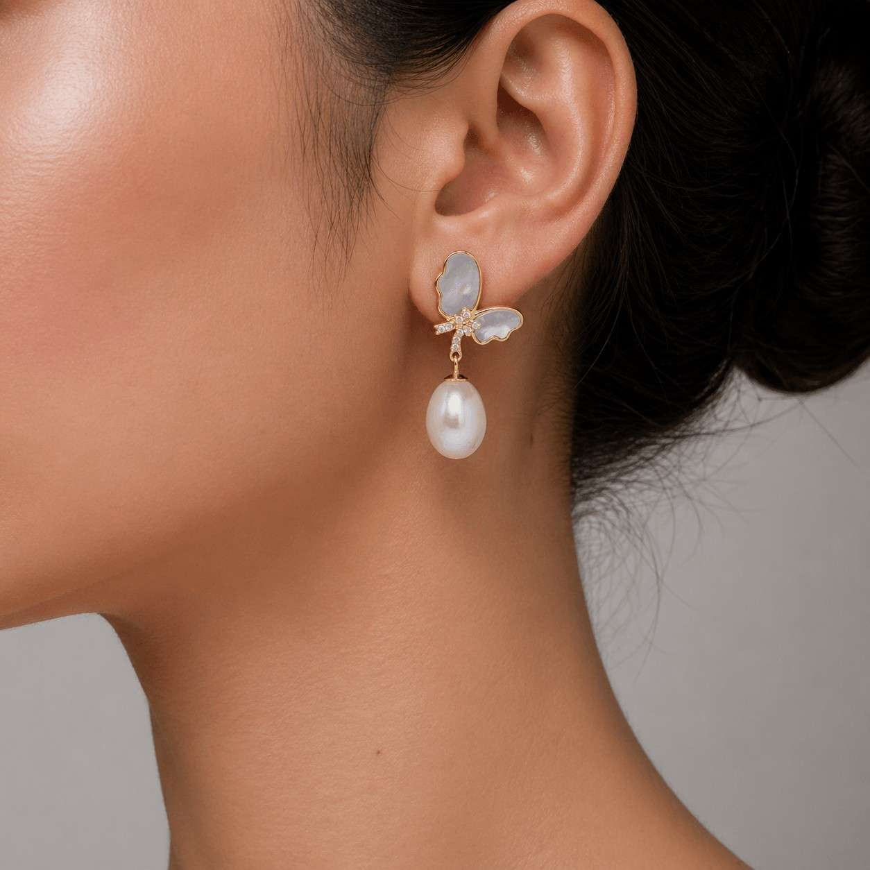 White Fresh Pearl Butterfly Drop Earrings – Gold Finish