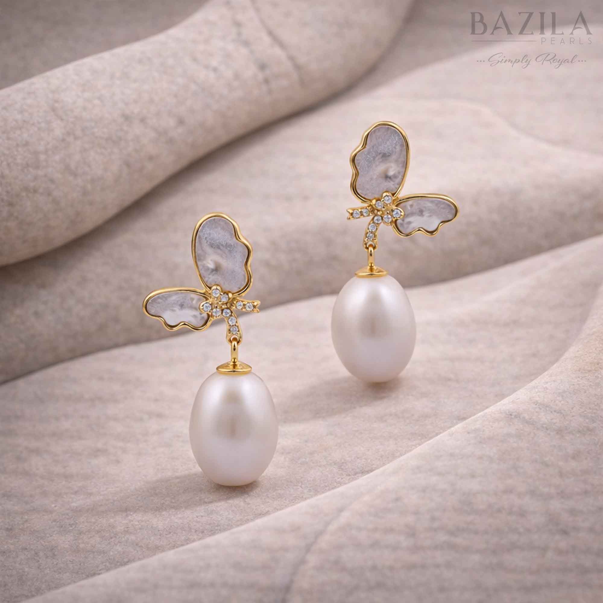 White Fresh Pearl Butterfly Drop Earrings – Gold Finish