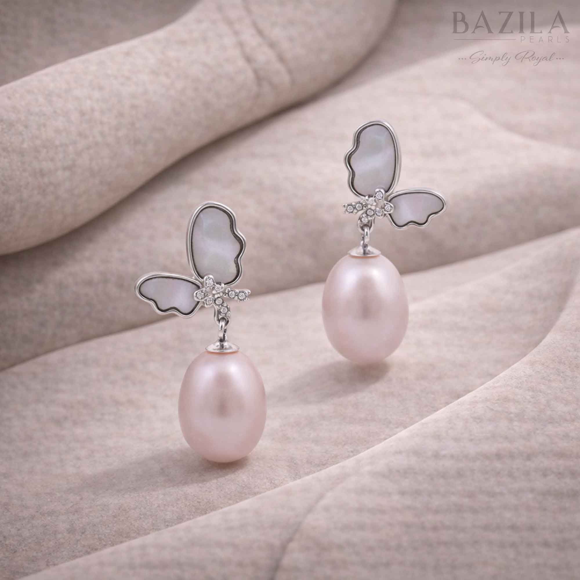 Pink Fresh Pearl Butterfly Drop Earrings – Silver Finish