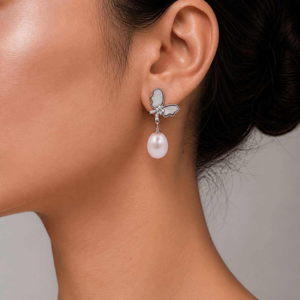 Pink Fresh Pearl Butterfly Drop Earrings – Silver Finish