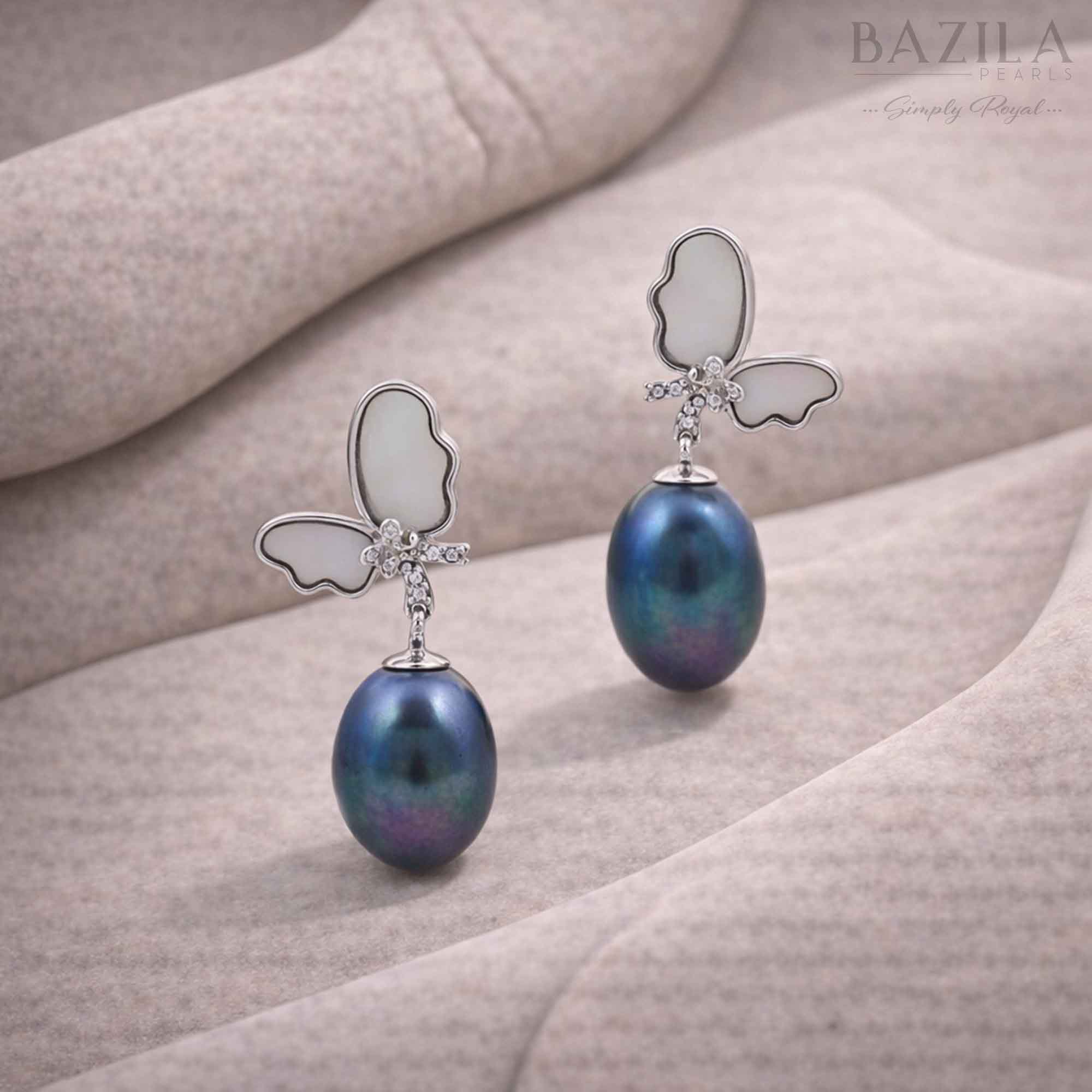 Peacock Green Fresh Pearl Butterfly Drop Earrings – Silver Finish