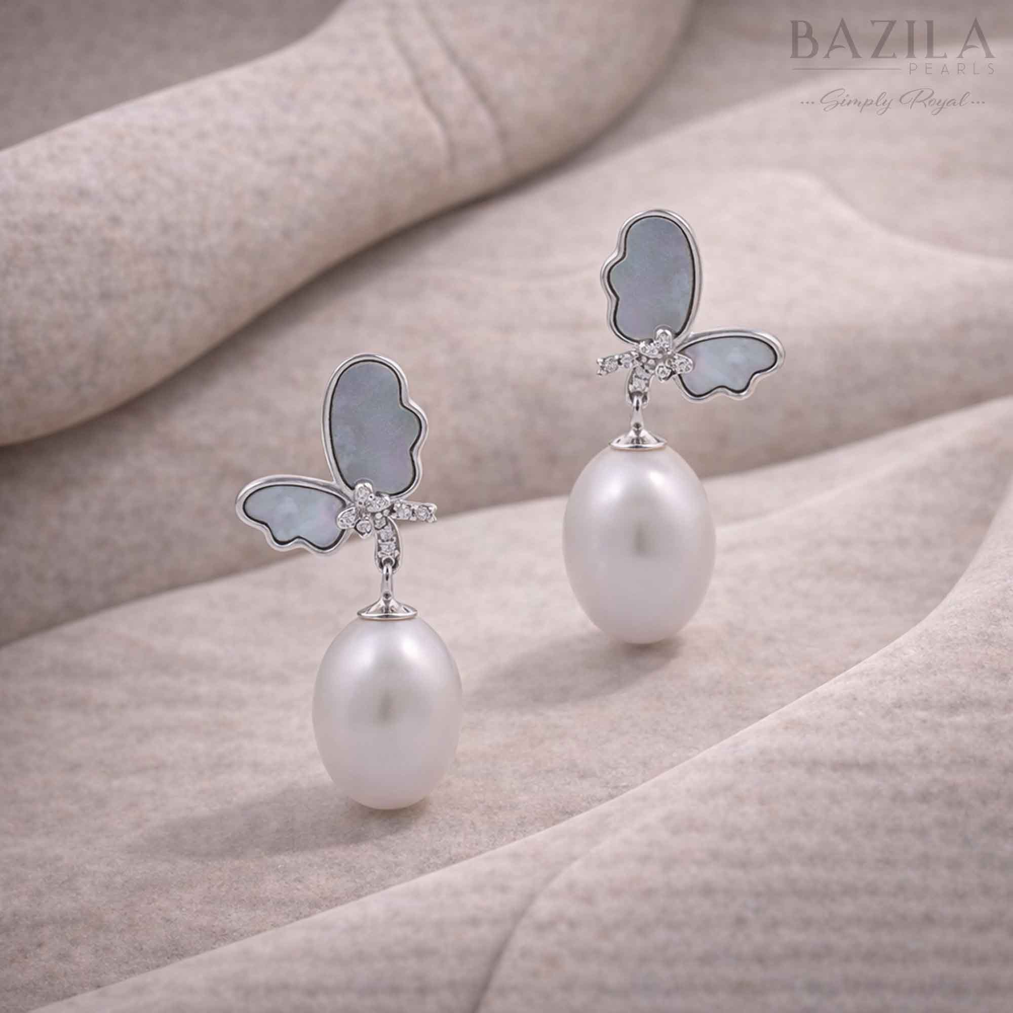 White Fresh Pearl Butterfly Drop Earrings – Silver Finish