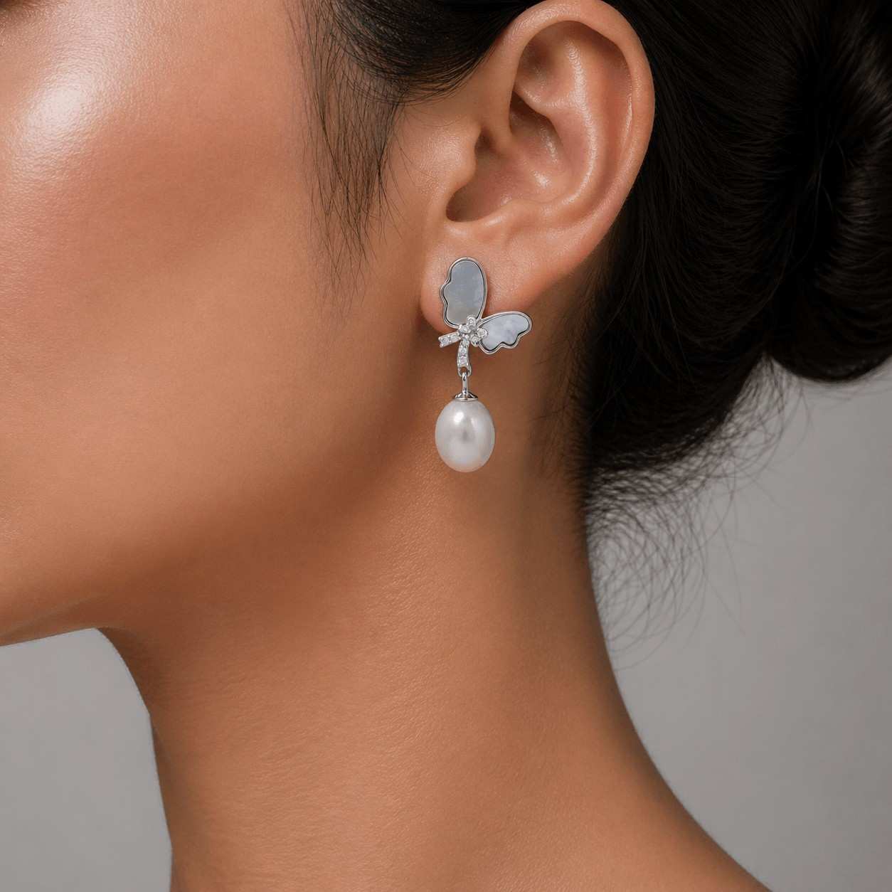 White Fresh Pearl Butterfly Drop Earrings – Silver Finish