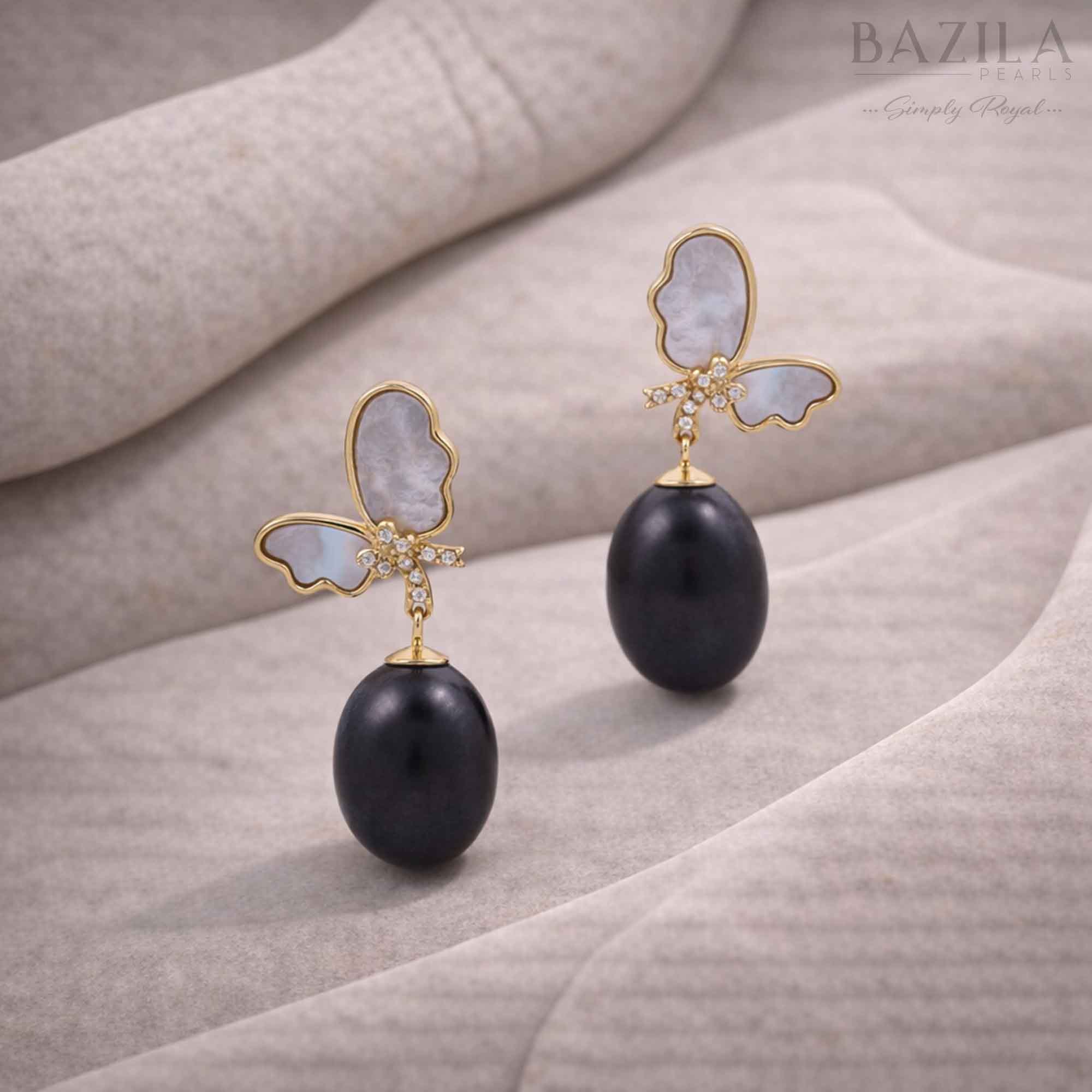 Black Fresh Pearl Butterfly Drop Earrings – Gold Finish