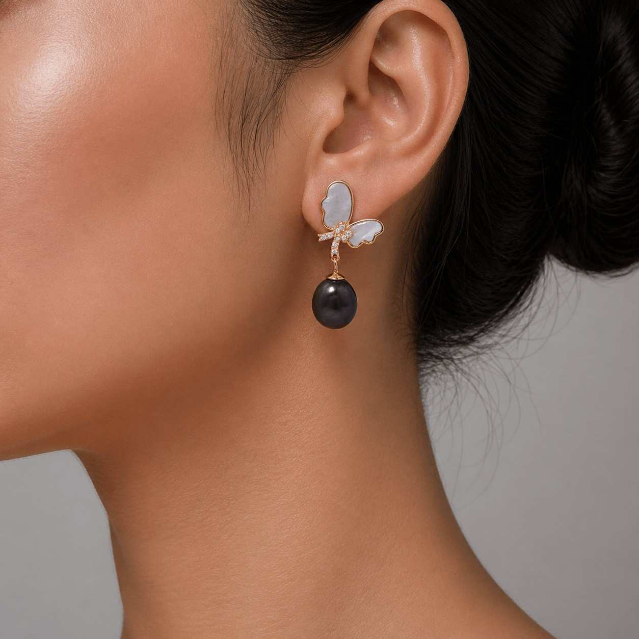 Black Fresh Pearl Butterfly Drop Earrings – Gold Finish