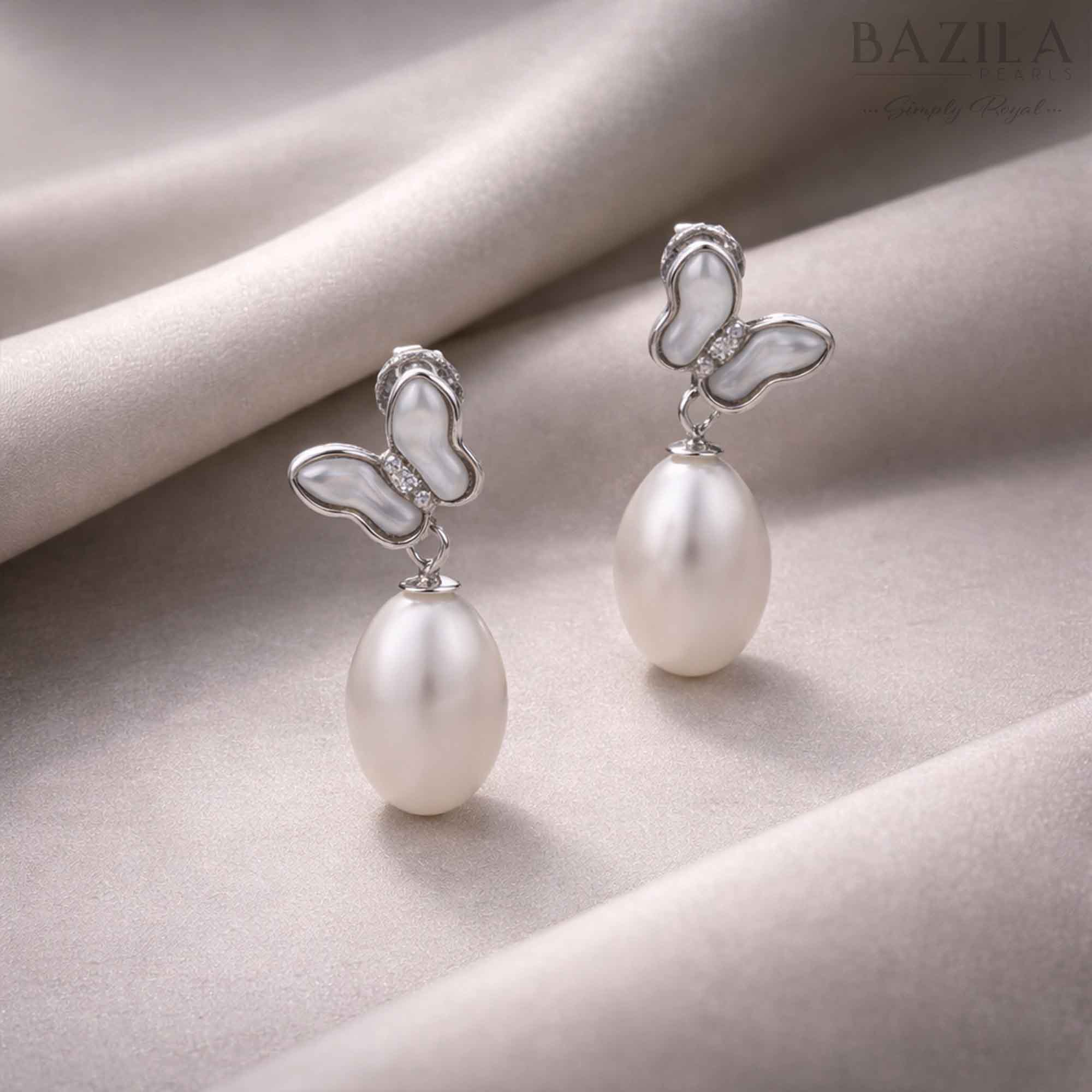 White Fresh Pearl Butterfly Drop Earrings – Silver Finish