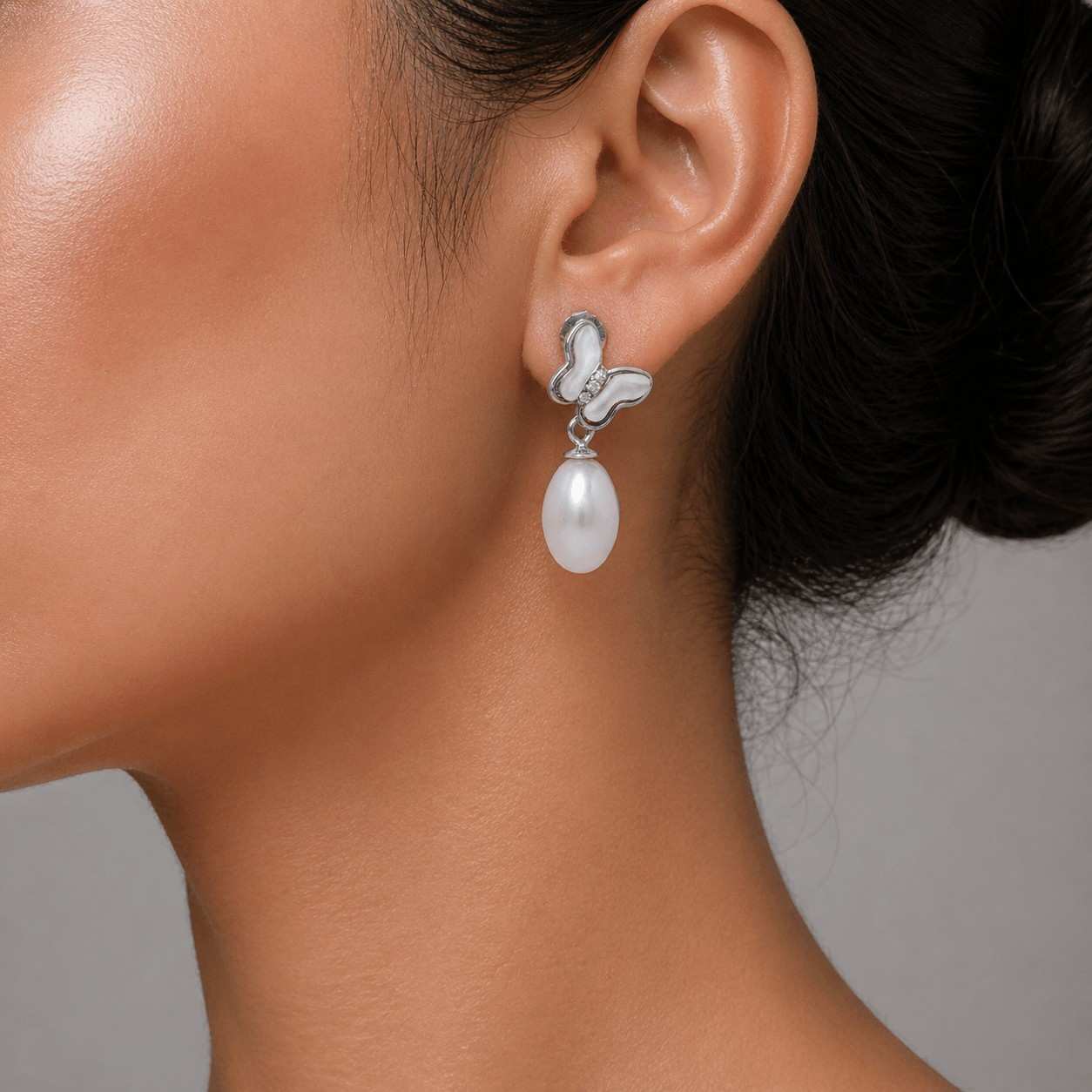White Fresh Pearl Butterfly Drop Earrings – Silver Finish