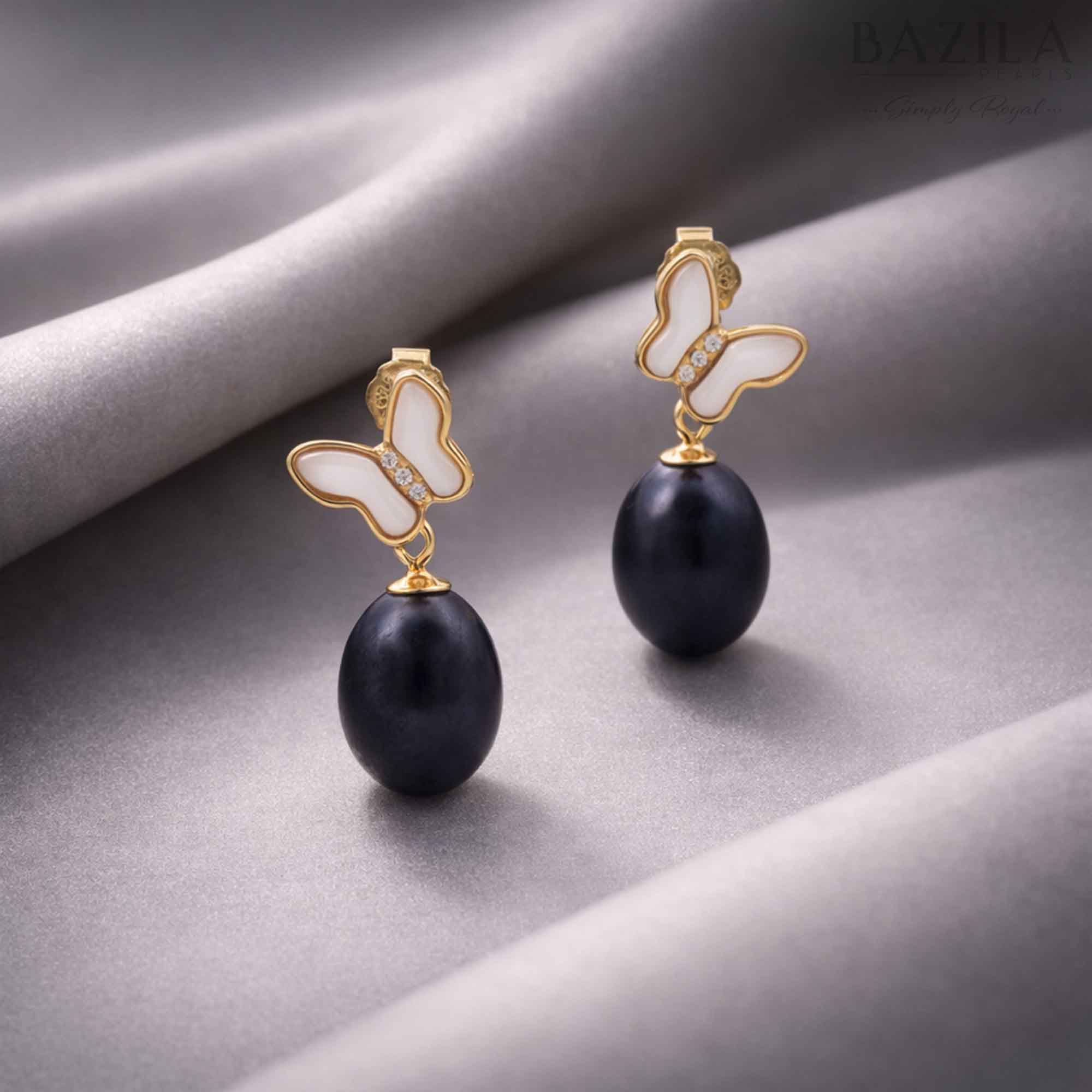 Black Fresh Pearl Butterfly Drop Earrings – Gold Finish