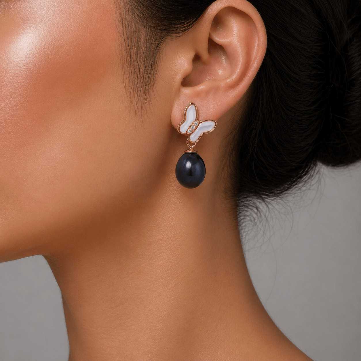 Black Fresh Pearl Butterfly Drop Earrings – Gold Finish