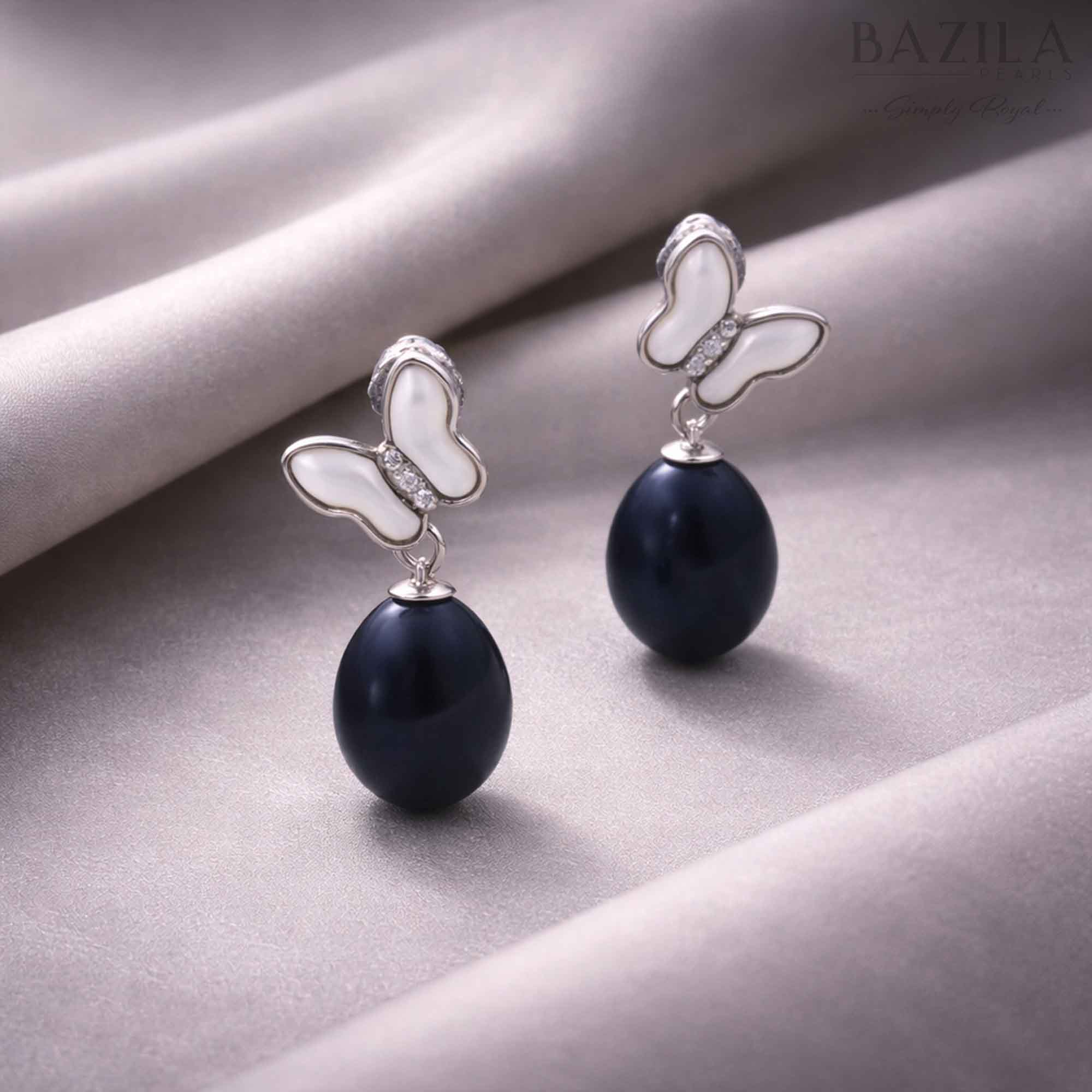 Black Fresh Pearl Butterfly Drop Earrings – Silver Finish