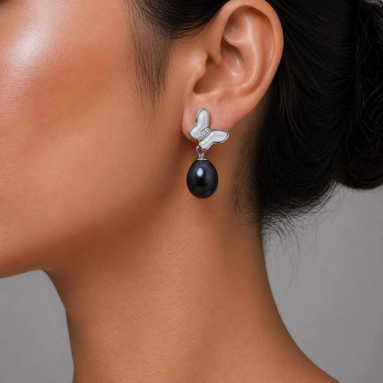 Black Fresh Pearl Butterfly Drop Earrings – Silver Finish