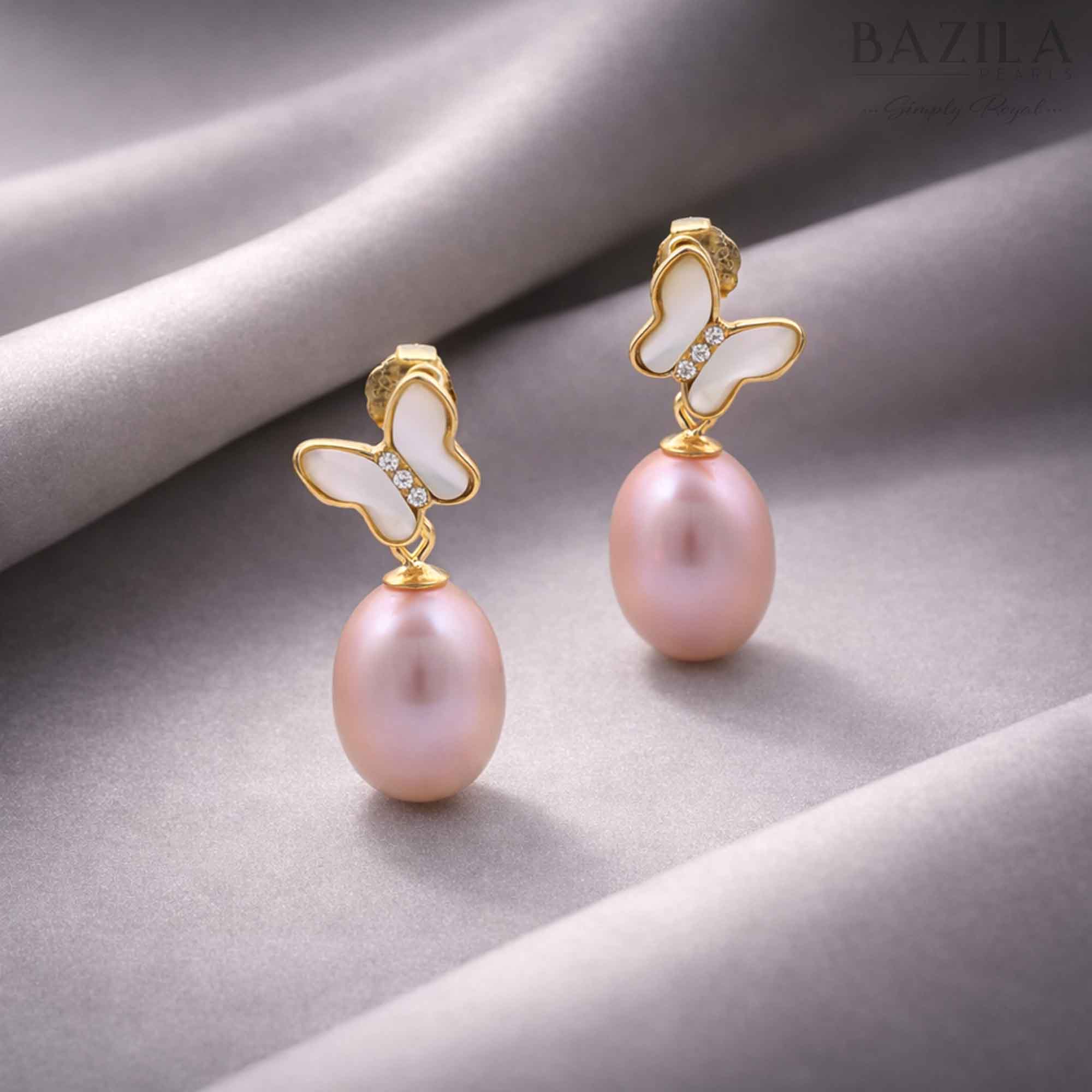 Peach Pink Fresh Pearl Butterfly Drop Earrings – Gold Finish