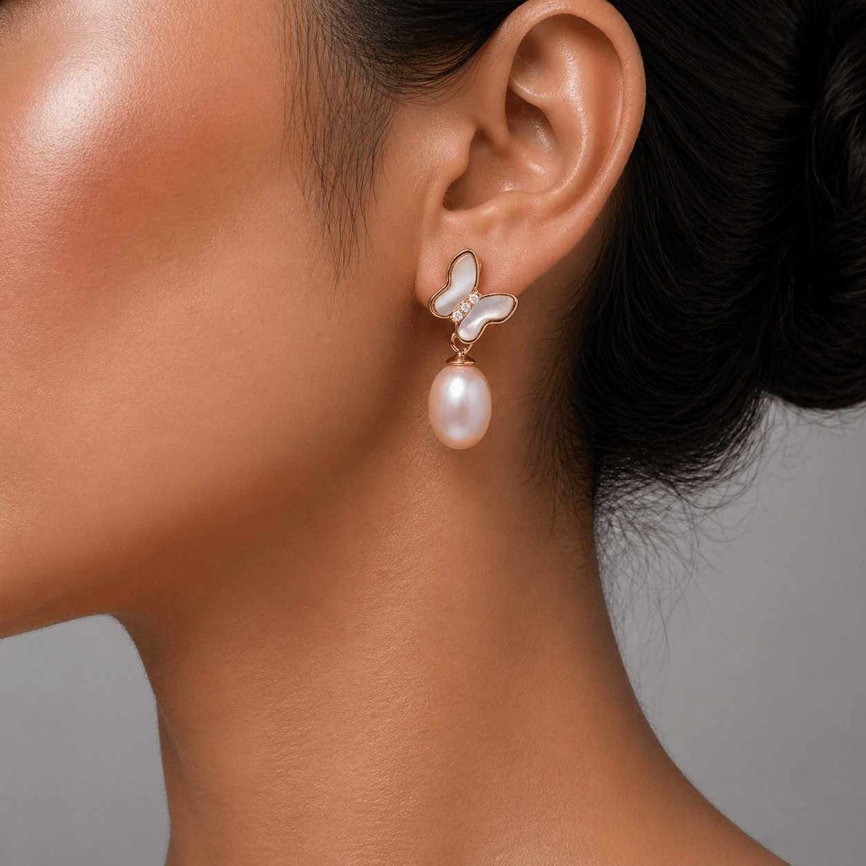Peach Pink Fresh Pearl Butterfly Drop Earrings – Gold Finish